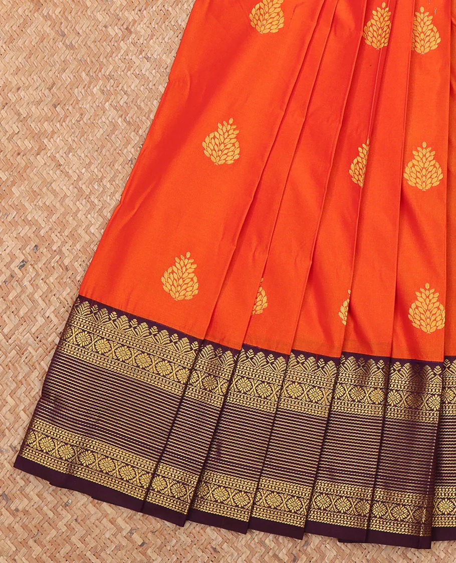 Orange Budget Silk Saree, Embellished with Zari Buttas  All Over Its Body, Complemented by a Contrast Traditional Zari Design Border, Pallu Detailed with Jaal Designs, and Paired with a Contrast Blouse