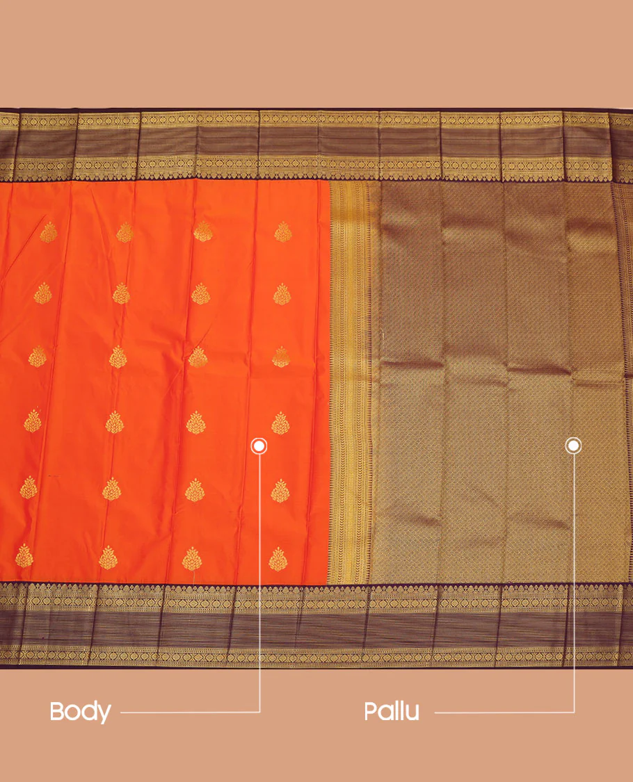 Orange Budget Silk Saree, Embellished with Zari Buttas  All Over Its Body, Complemented by a Contrast Traditional Zari Design Border, Pallu Detailed with Jaal Designs, and Paired with a Contrast Blouse - Image 3