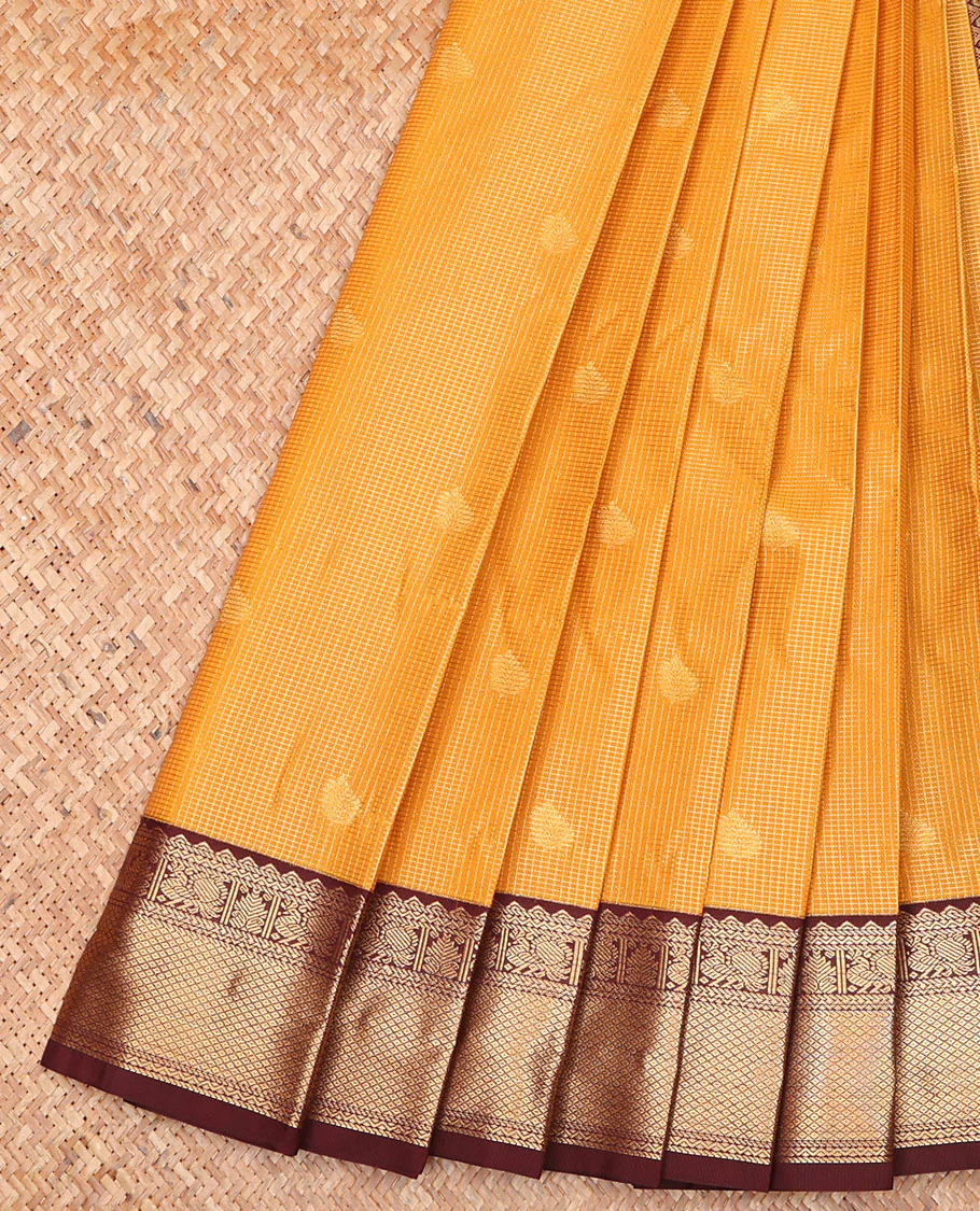 Orange Budget Silk Saree, Embellished with Zari Buttas and Micro-Checks on Its Body, Complemented by a Contrast Traditional Zari Design Border, Intricately Designed Pallu, and Paired with a Contrast Blouse