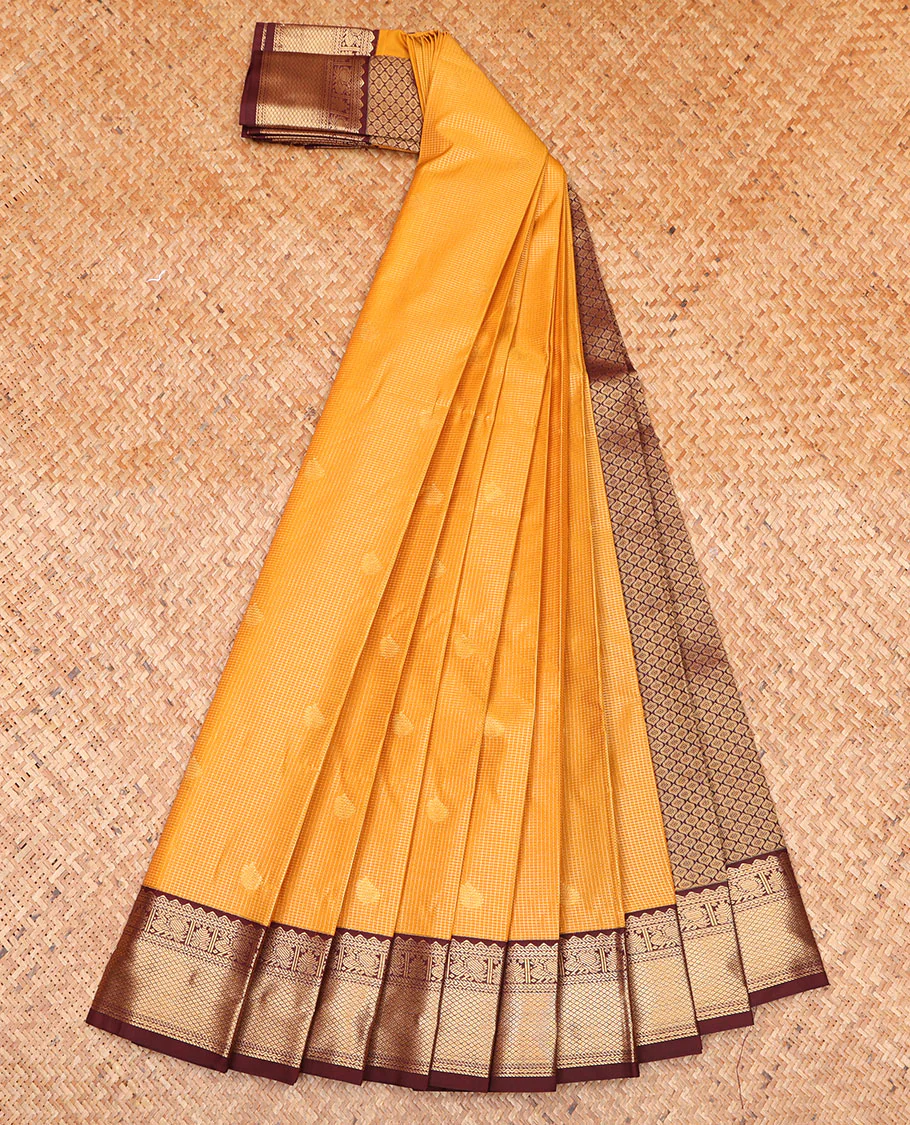 Orange Budget Silk Saree, Embellished with Zari Buttas and Micro-Checks on Its Body, Complemented by a Contrast Traditional Zari Design Border, Intricately Designed Pallu, and Paired with a Contrast Blouse - Image 2