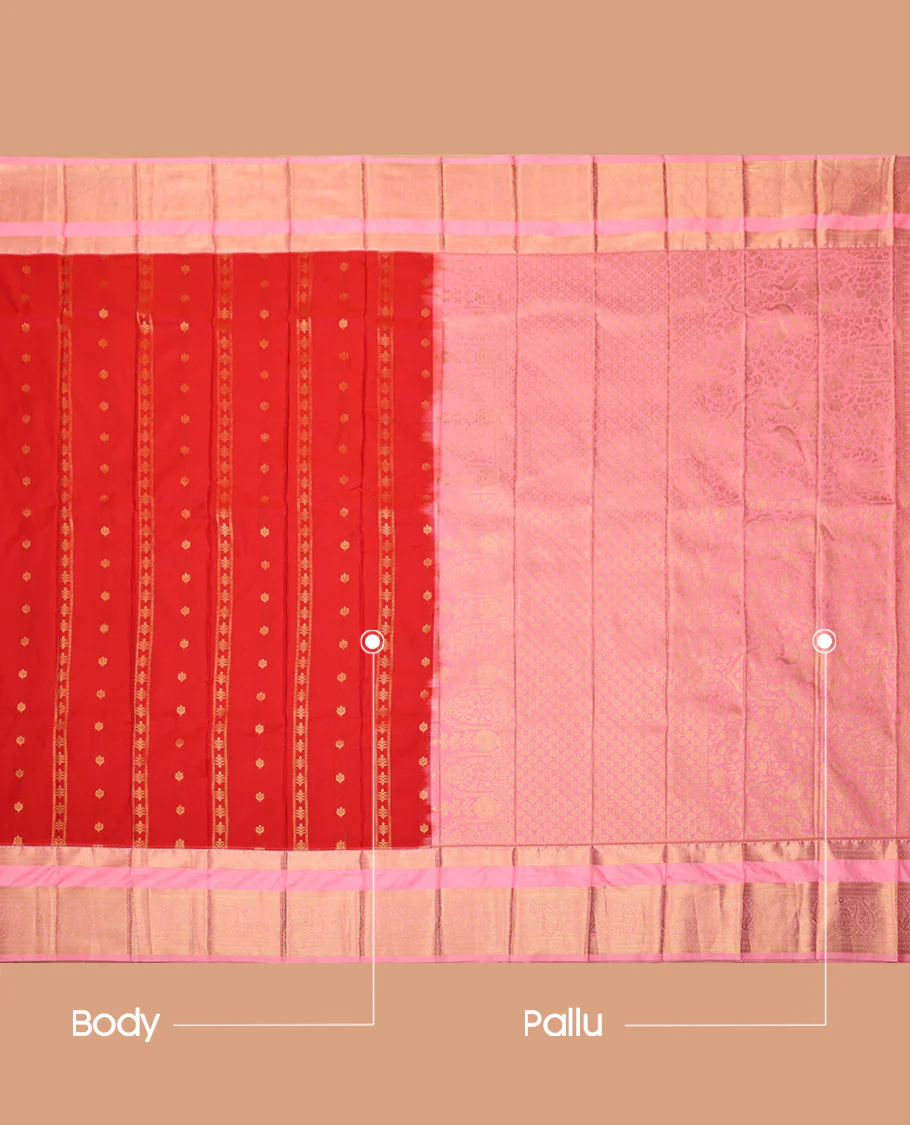 Orange Budget Silk Saree, Embellished with Zari Buttas and Stripes All Over Its Body, Complemented by a Contrast Traditional Zari Design Border, Grand Jaal Pallu, and Paired with a Contrast Blouse - Image 3