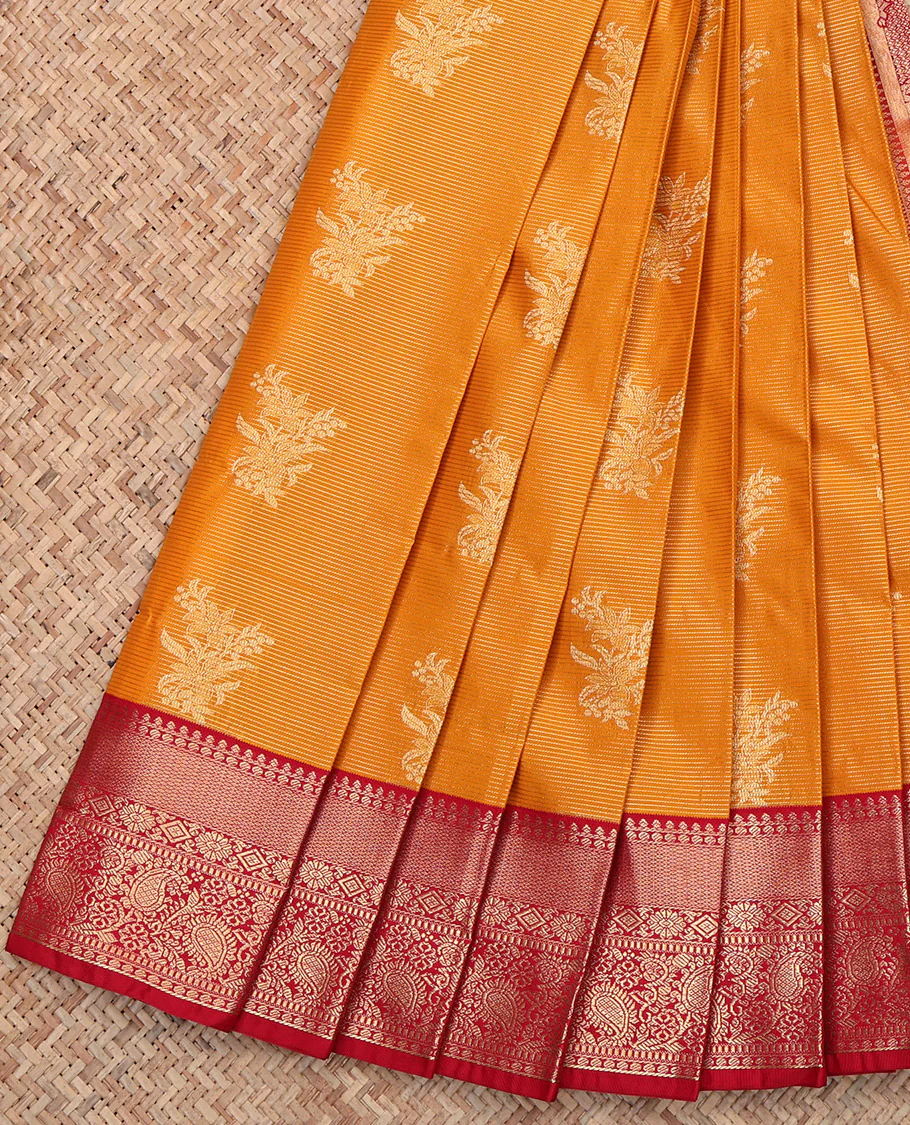 Orange Budget Silk Saree, Embellished with Zari Buttas and Stripes, Complemented by a Contrast Traditional Zari Border, Intricately Designed Pallu, and a Contrast Blouse