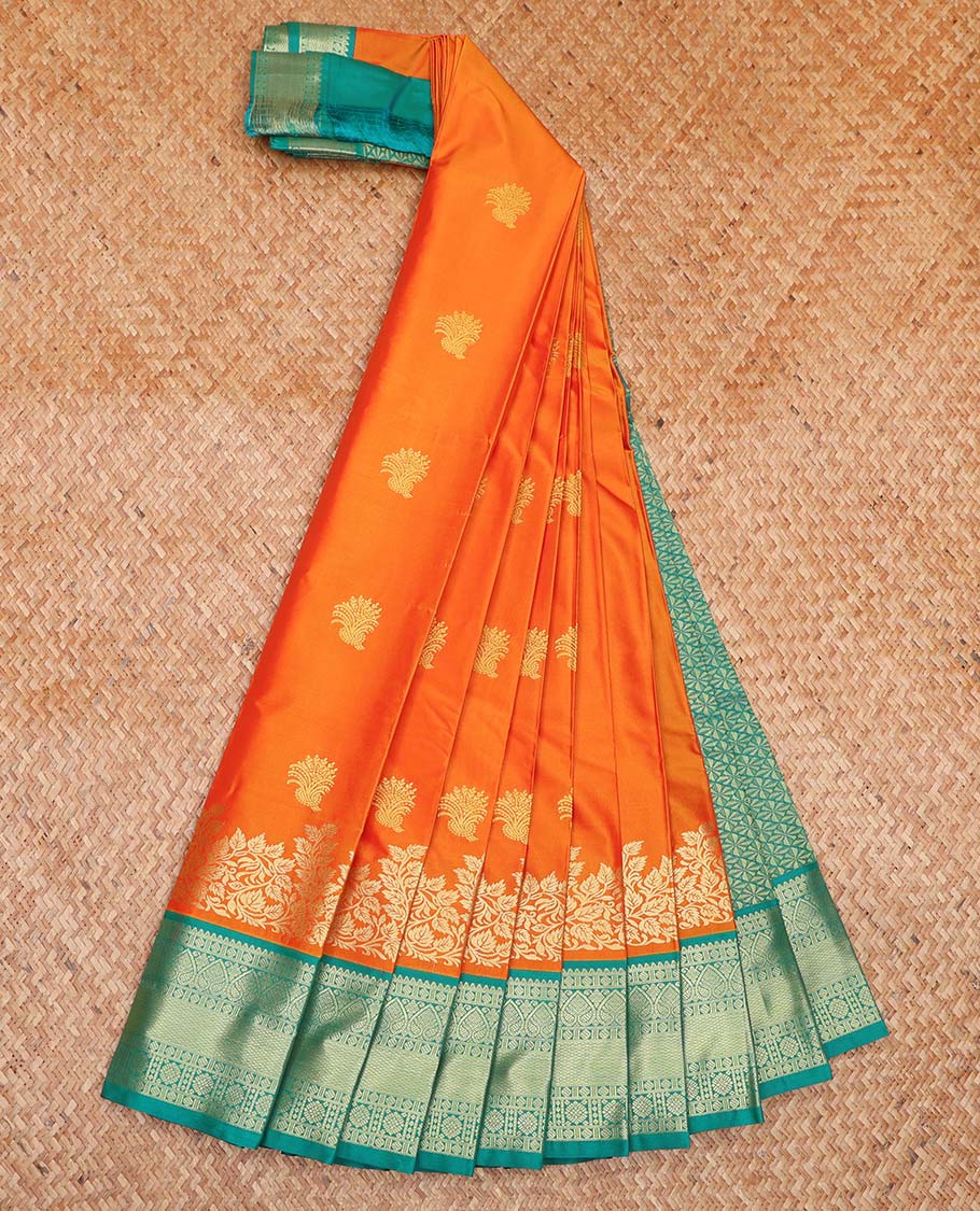 Orange Budget Silk Saree, Enriched with Zari Buttas All Over Its Body, Complemented by a Contrast Traditional Zari Design Border, Intricately Designed Pallu, and Paired with a Contrast Blouse - Image 2