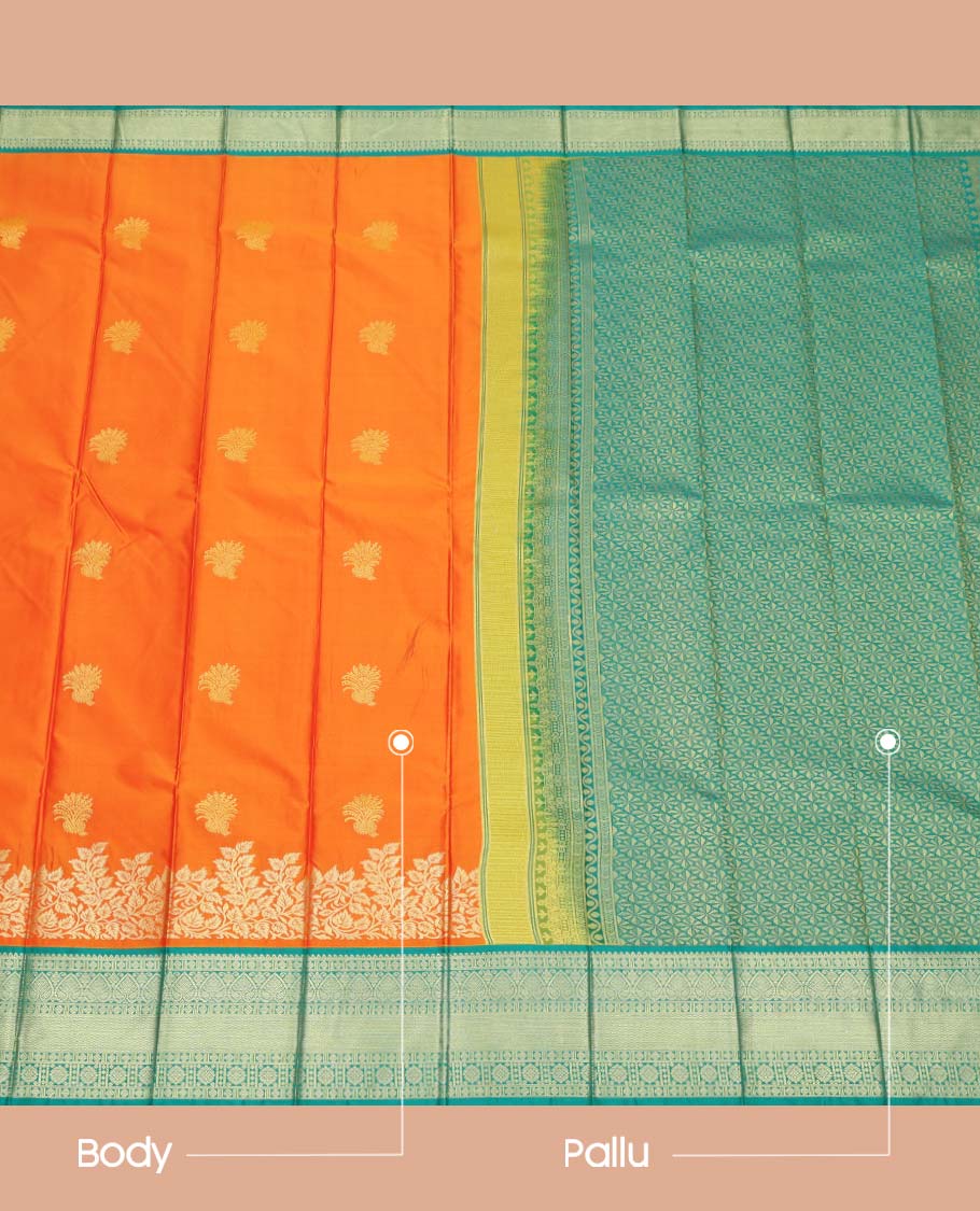 Orange Budget Silk Saree, Enriched with Zari Buttas All Over Its Body, Complemented by a Contrast Traditional Zari Design Border, Intricately Designed Pallu, and Paired with a Contrast Blouse - Image 3