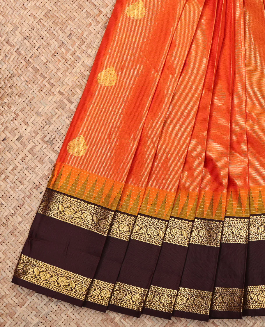 Orange Budget Silk Saree, Enriched with Zari Buttas and Stripes, Complemented by a Contrast Traditional Zari Temple Rettai Pettu Border, Grand Pallu, and a Contrast Blouse