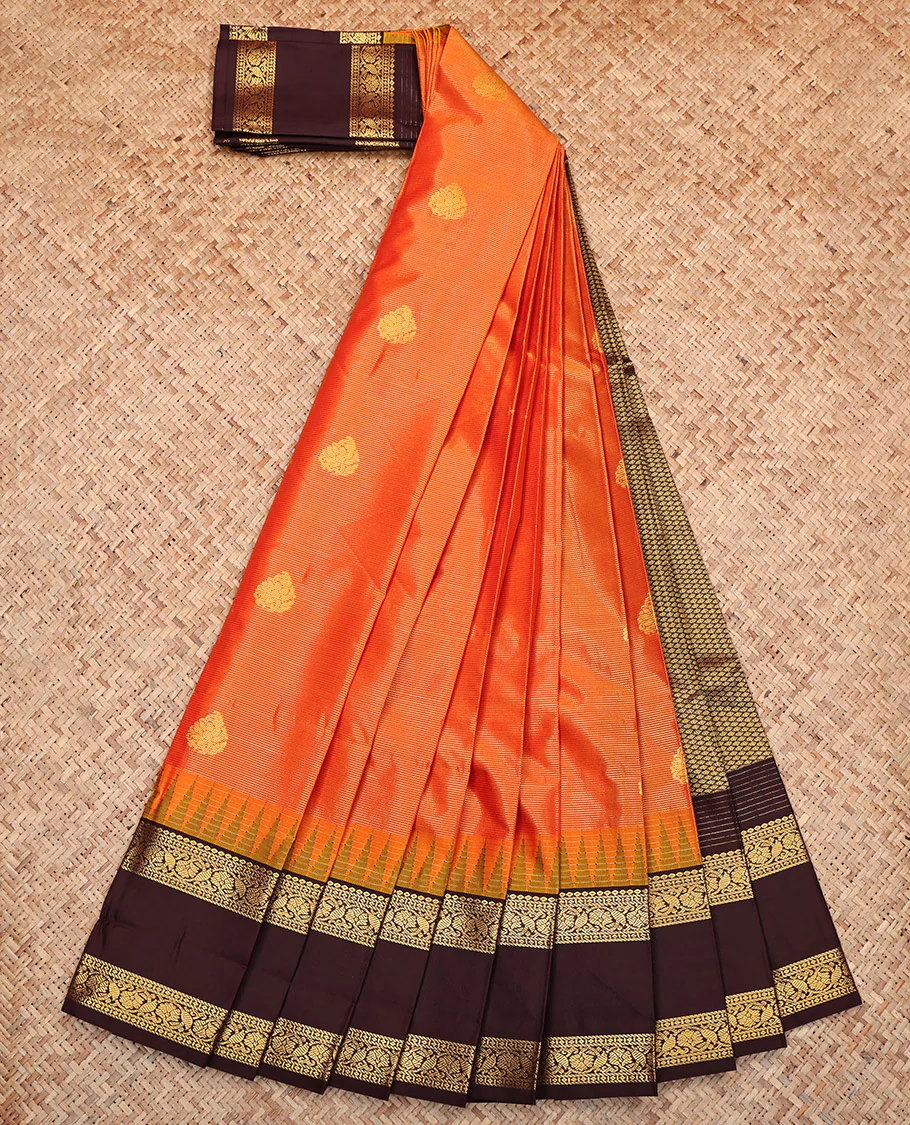 Orange Budget Silk Saree, Enriched with Zari Buttas and Stripes, Complemented by a Contrast Traditional Zari Temple Rettai Pettu Border, Grand Pallu, and a Contrast Blouse - Image 2