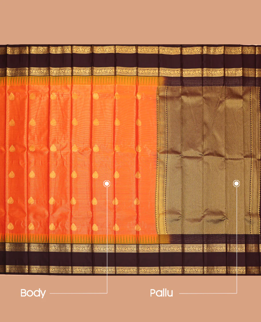 Orange Budget Silk Saree, Enriched with Zari Buttas and Stripes, Complemented by a Contrast Traditional Zari Temple Rettai Pettu Border, Grand Pallu, and a Contrast Blouse - Image 3