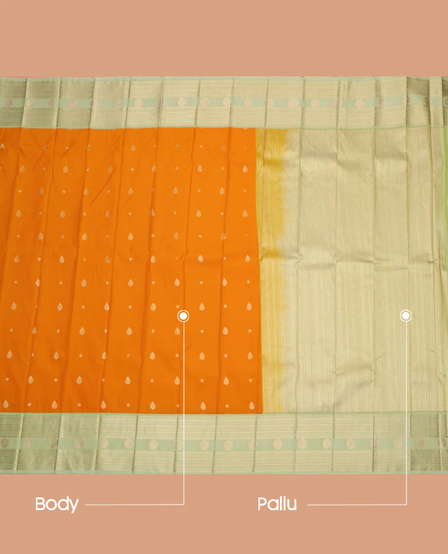 Orange Budget Silk Saree, Featuring Zari Buttas All Over Its Body, Complemented by a Contrast Traditional Zari Design Border, a Pallu Steeped with Traditional Design, and Paired with a Contrast Blouse - Image 3