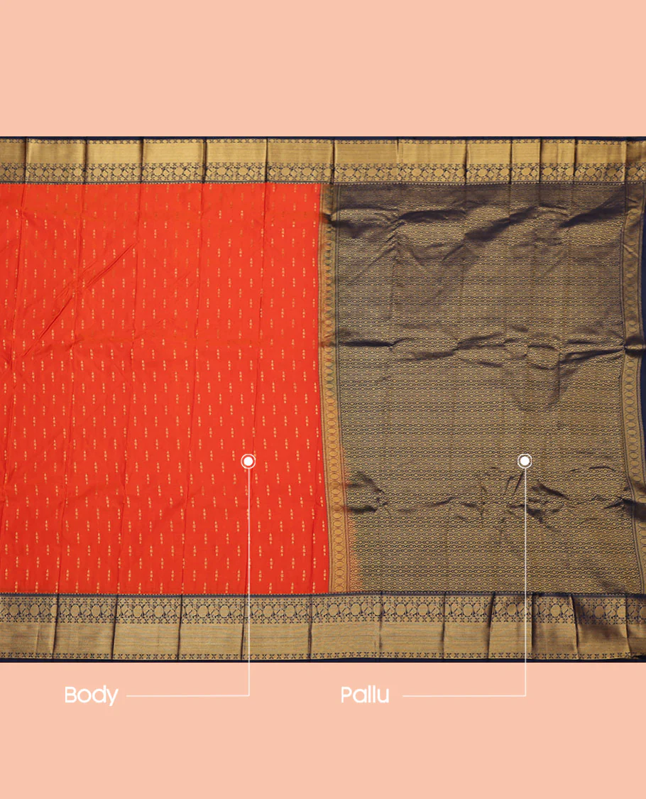 Orange Budget Silk Saree, Finely Crafted with Zari Buttas All Over Its Body, Complemented by a Contrast Traditional Zari Design Peacock-Rudraksham Border, Grand Pallu, and Paired with a Contrast Blouse - Image 3