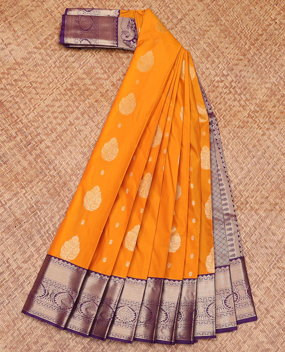 Orange Budget Silk Saree, Gleamed Up with Zari Buttas All Over Its Body, Complemented by a Contrast Traditional Zari Design Border, Sparsely Woven Jaal-Patterned Pallu, and Paired with a Contrast Blouse - Image 2