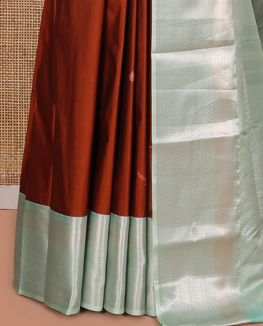 Orange Budget Silk Saree, Gleamed Up with Zari Buttas All Over Its Body, Complemented by a Contrast Traditional Zari Designs Woven Border, Elegantly Highlighted Pallu, and Paired with a Contrast Blouse - Image 3