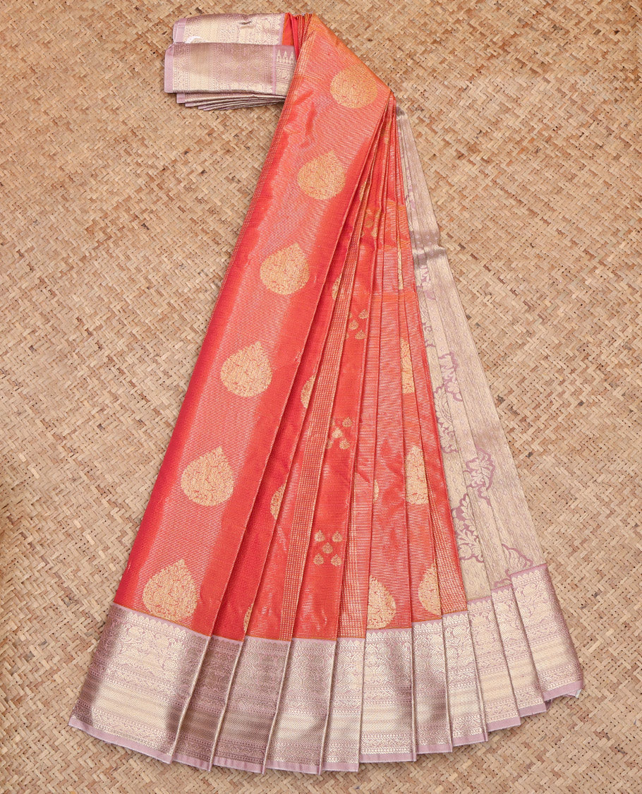Orange Budget Silk Saree, Gleamed Up with Zari Buttas and Stripes, Contrast Traditional Zari Design Featured Border, Grand Decked-Up Pallu, and a Contrast Blouse - Image 2