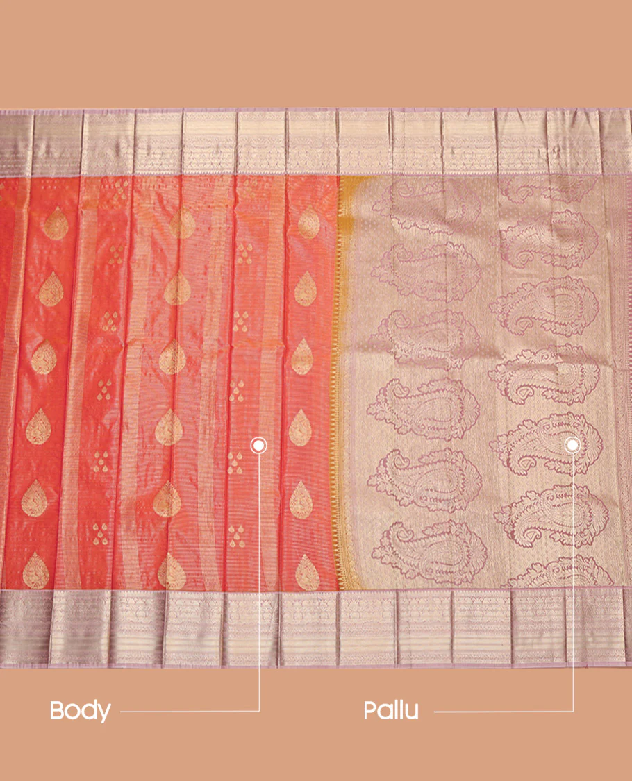 Orange Budget Silk Saree, Gleamed Up with Zari Buttas and Stripes, Contrast Traditional Zari Design Featured Border, Grand Decked-Up Pallu, and a Contrast Blouse - Image 3