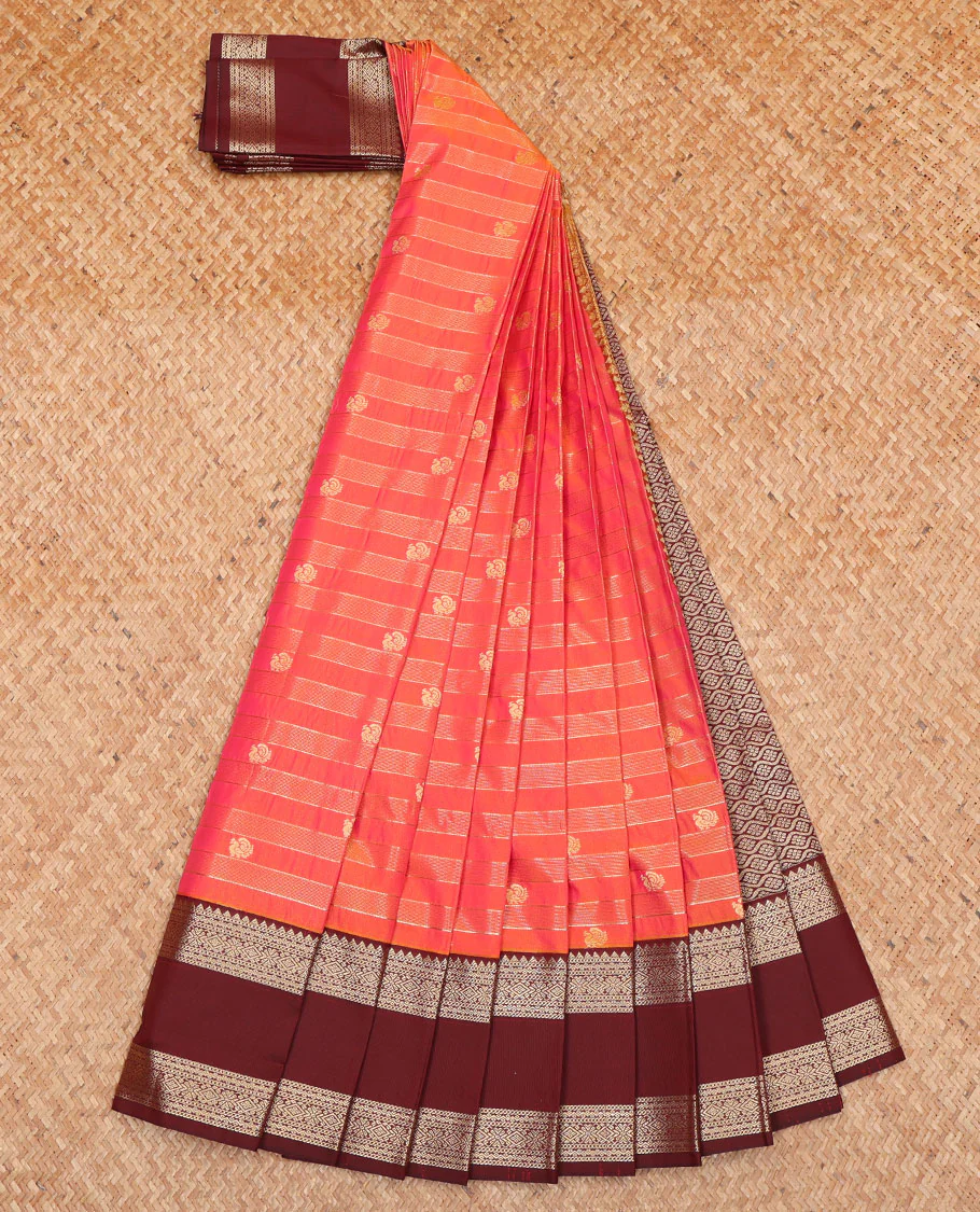 Orange Budget Silk Saree, Gleamed Up with Zari Stripes and Peacock Buttas on Its Body, Complemented by Contrast Traditional Zari Design Rettai Pettu Border, Opulently Embellished Pallu, and Paired with a Contrast Blouse - Image 2