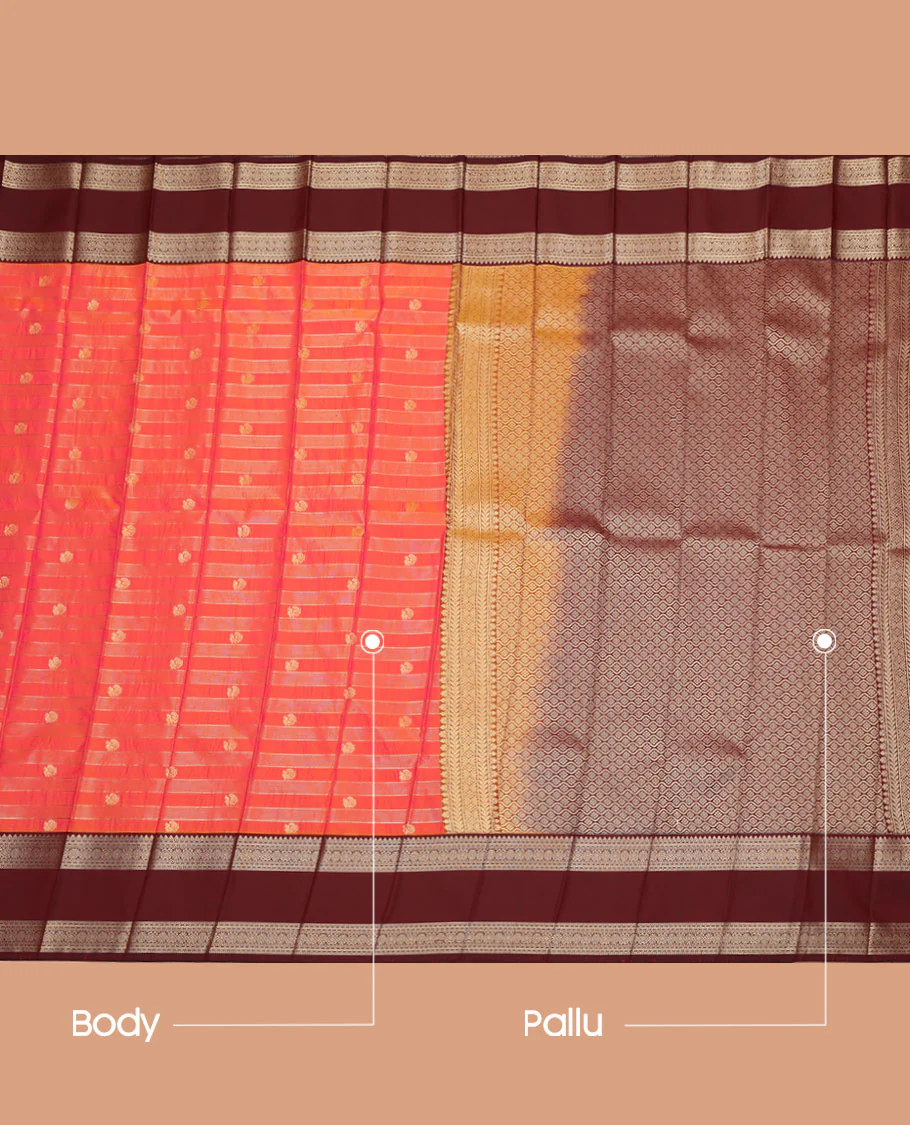 Orange Budget Silk Saree, Gleamed Up with Zari Stripes and Peacock Buttas on Its Body, Complemented by Contrast Traditional Zari Design Rettai Pettu Border, Opulently Embellished Pallu, and Paired with a Contrast Blouse - Image 3