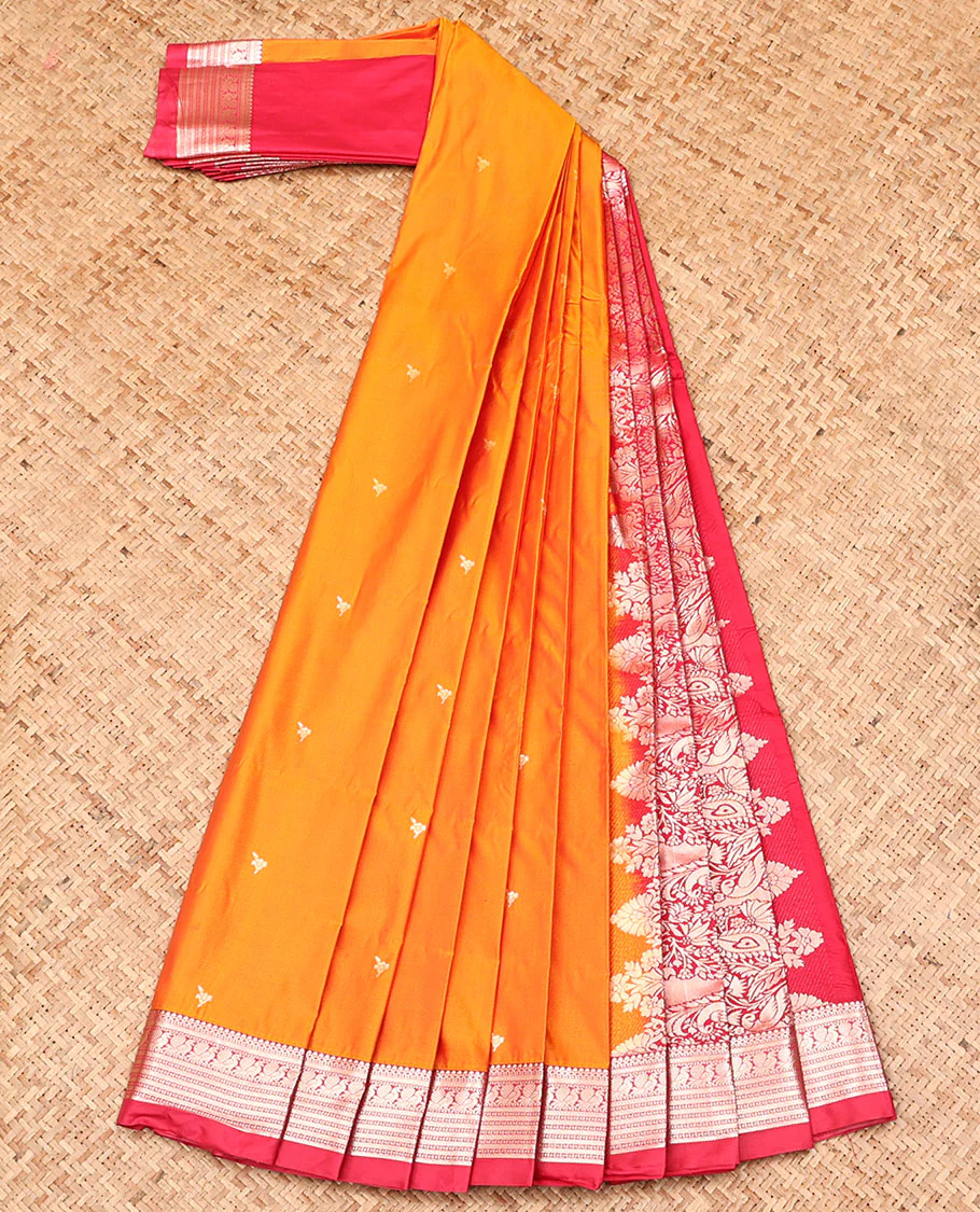 Orange Budget Silk Saree, Graced with Zari Buttas All Over Its Body, Complemented by a Contrast Traditional Zari Design Border, Intricately Designed Pallu, and Paired with a Contrast Blouse - Image 2