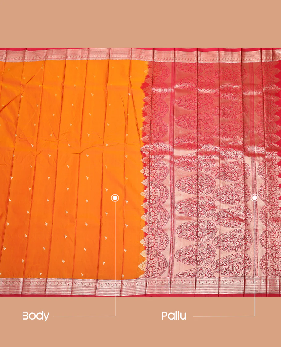 Orange Budget Silk Saree, Graced with Zari Buttas All Over Its Body, Complemented by a Contrast Traditional Zari Design Border, Intricately Designed Pallu, and Paired with a Contrast Blouse - Image 3