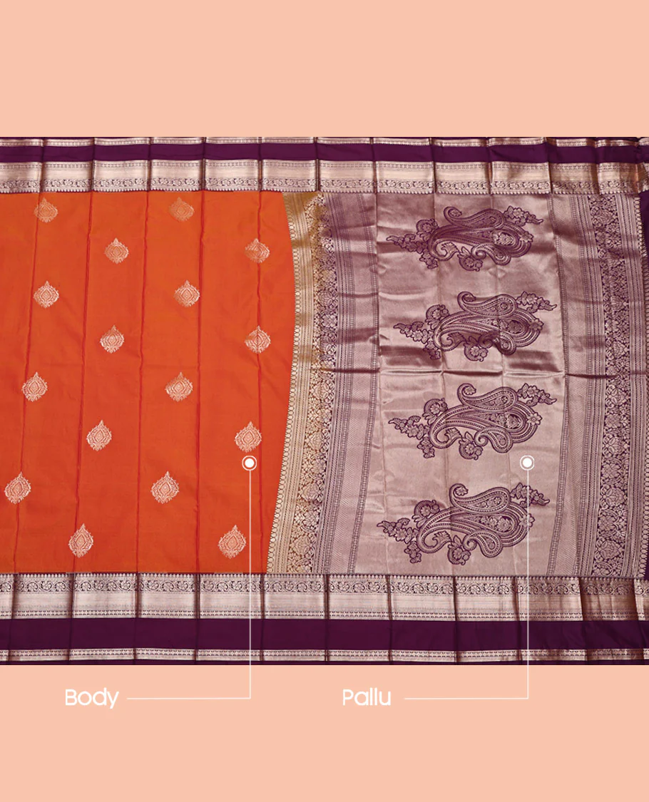 Orange Budget Silk Saree, Highlighted by Zari Buttas All Over Its Body, Complemented by a Contrast Traditional Zari Design Rettai Pettu Border, Intricately Designed Pallu, and Paired with a Contrast Blouse - Image 3