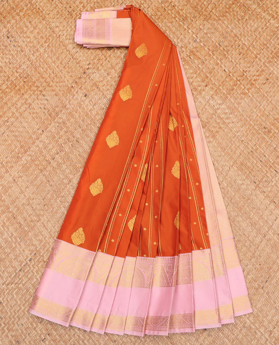 Orange Budget Silk Saree, Highlighted by Zari Designs All Over Its Body, Complemented by a Contrast Traditional Zari Design Woven Rettai Pettu Border, Gleaming Jaal Pallu, and Paired with a Contrast Blouse - Image 2