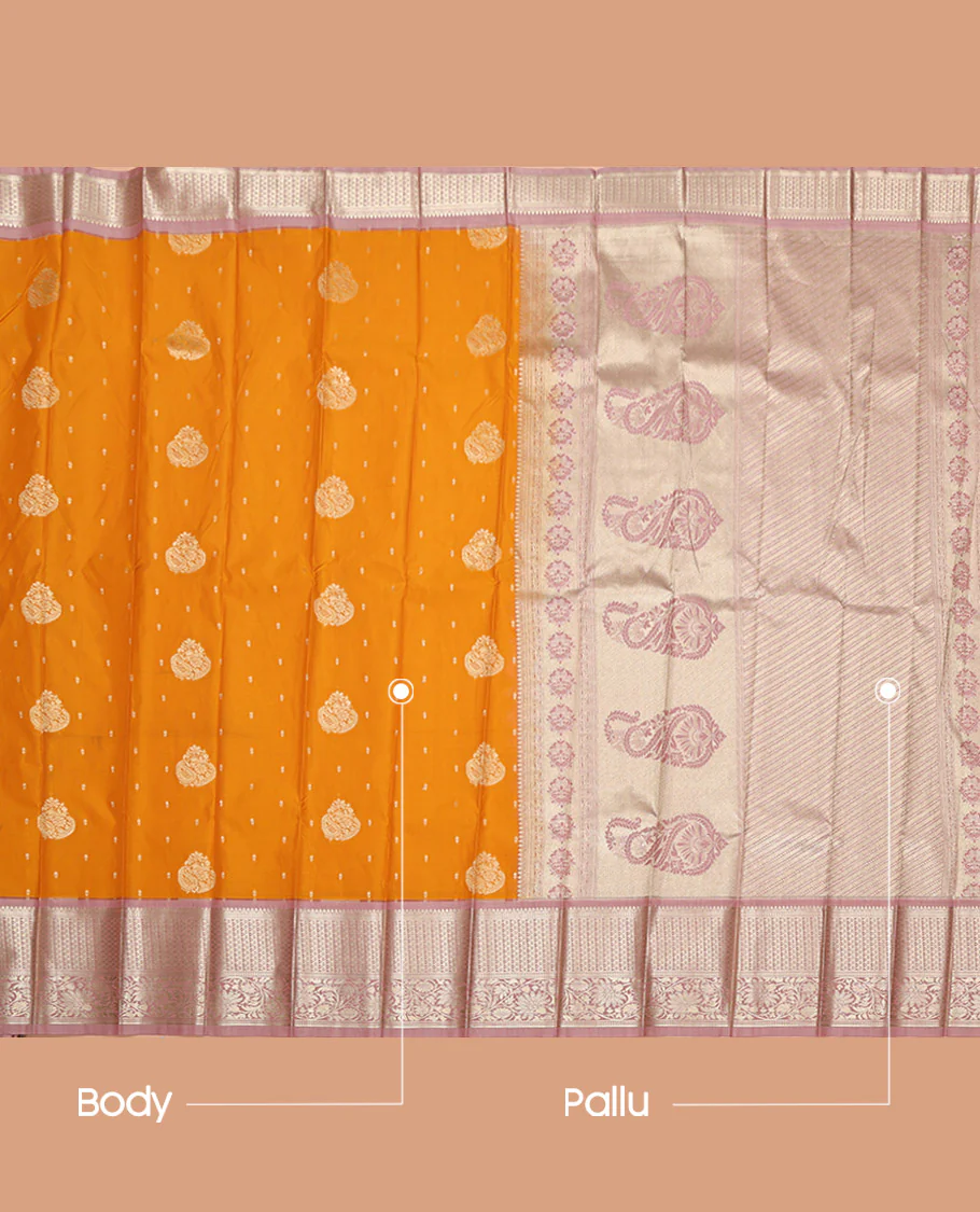 Orange Budget Silk Saree, Highlighted with Zari Buttas on Its Body, Complemented by a Contrast Traditional Zari Border, Diagonally Striped Pallu, and Paired with a Contrast Blouse - Image 3