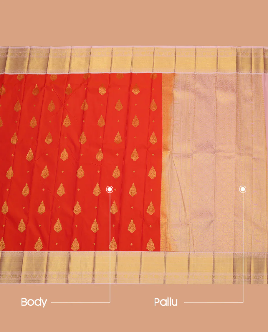 Orange Budget Silk Saree, Mesmerized with Zari Buttas All Across Its Body, Complemented by a Captivating Contrast Traditional Zari Design Border, Pallu of Intricate Designs, and Paired with a Contrast Blouse - Image 3
