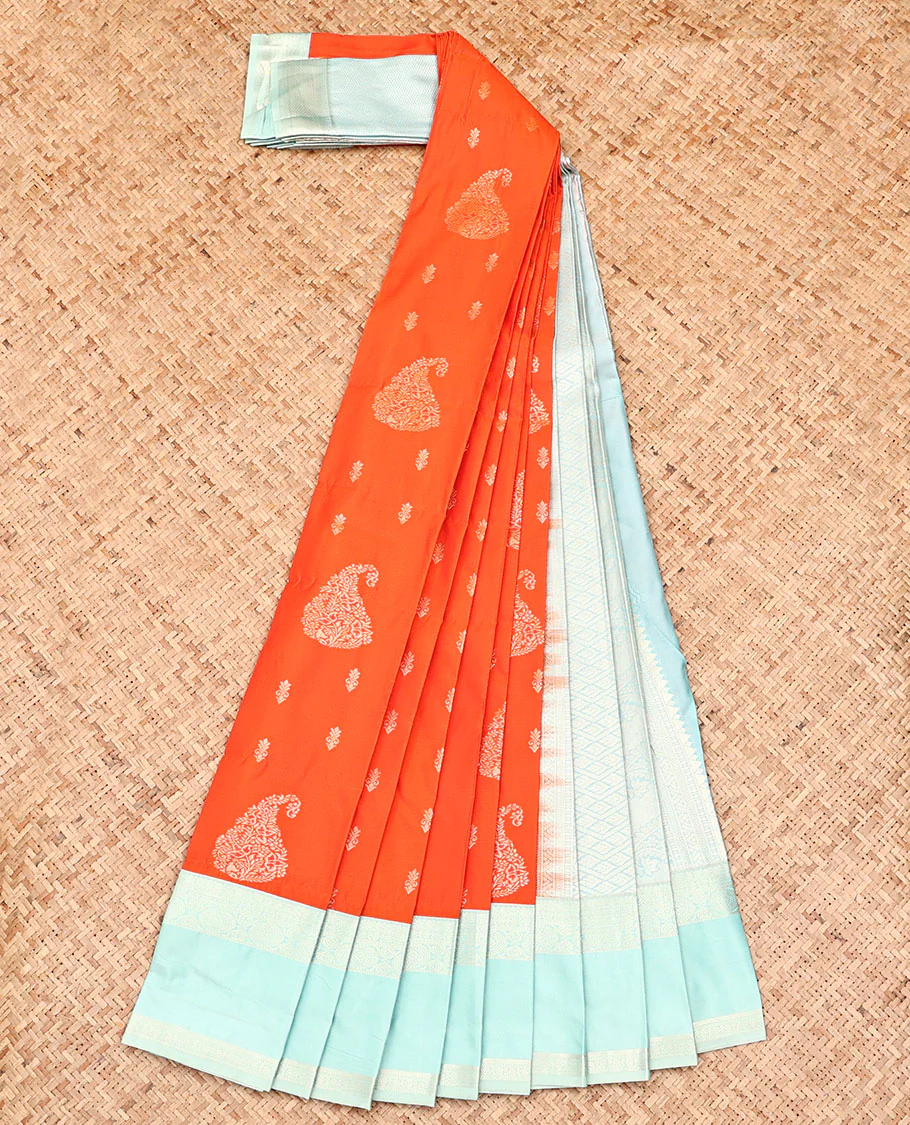 Orange Budget Silk Saree, Mesmerized with Zari Buttas, Captivating Contrast Traditional Zari Design Rettai Pettu Border, Grand Pallu, and Has a Contrast Blouse - Image 2