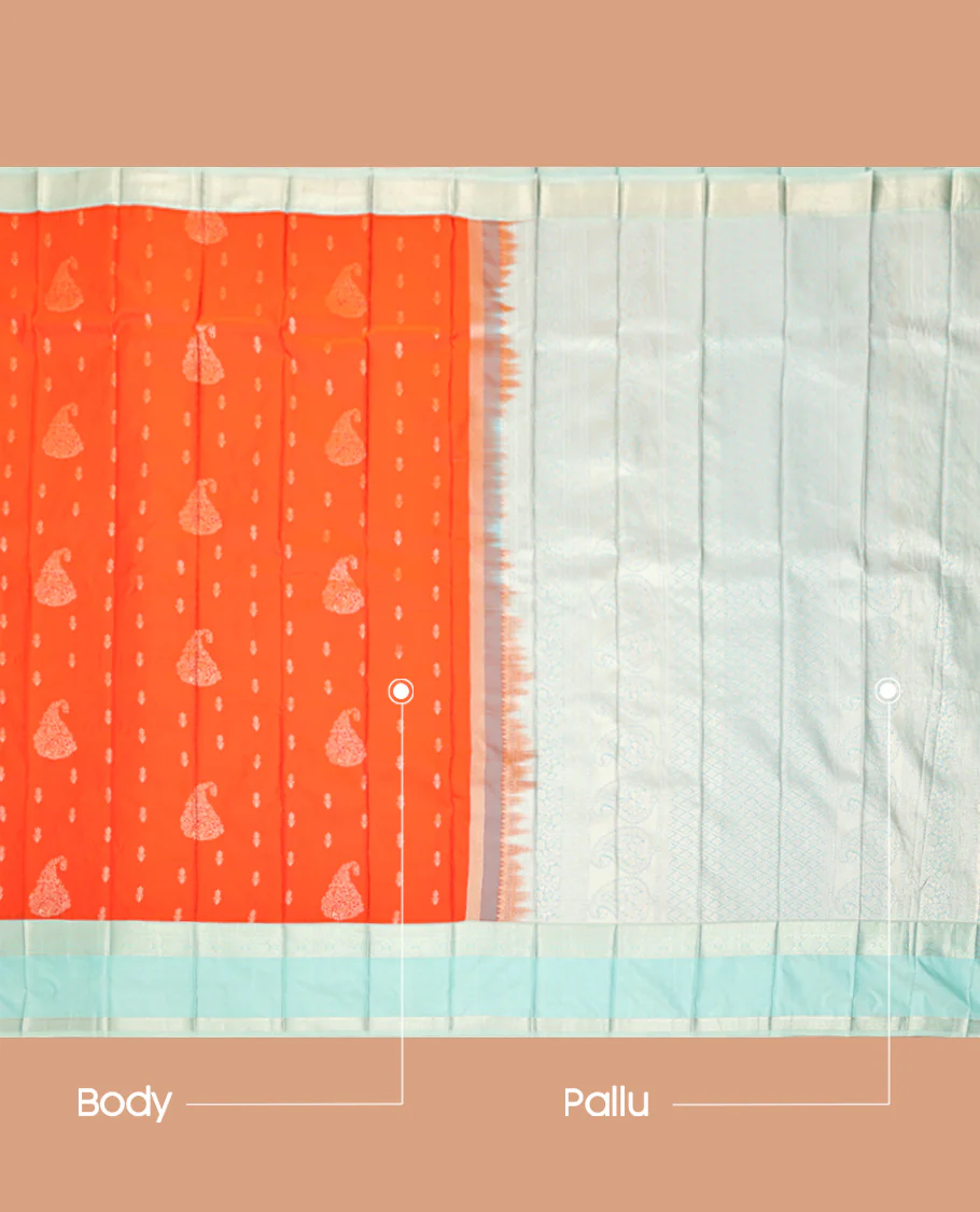 Orange Budget Silk Saree, Mesmerized with Zari Buttas, Captivating Contrast Traditional Zari Design Rettai Pettu Border, Grand Pallu, and Has a Contrast Blouse - Image 3