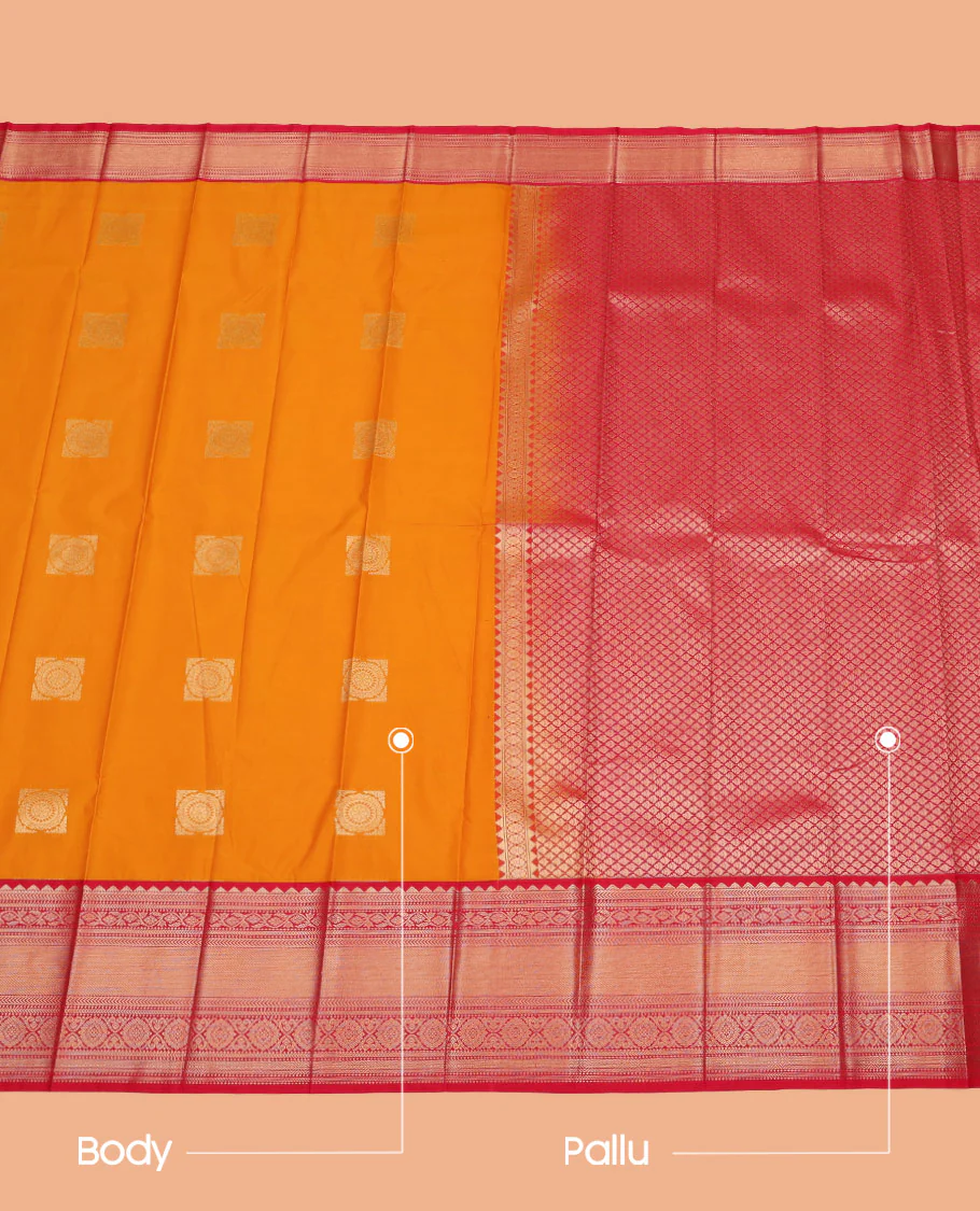 Orange Budget Silk Saree, Prettified with Zari Buttas on Its Body, Complemented by a Contrast Traditional Zari Design Border, Grand Jaal Pallu, and Paired with a Contrast Blouse - Image 3