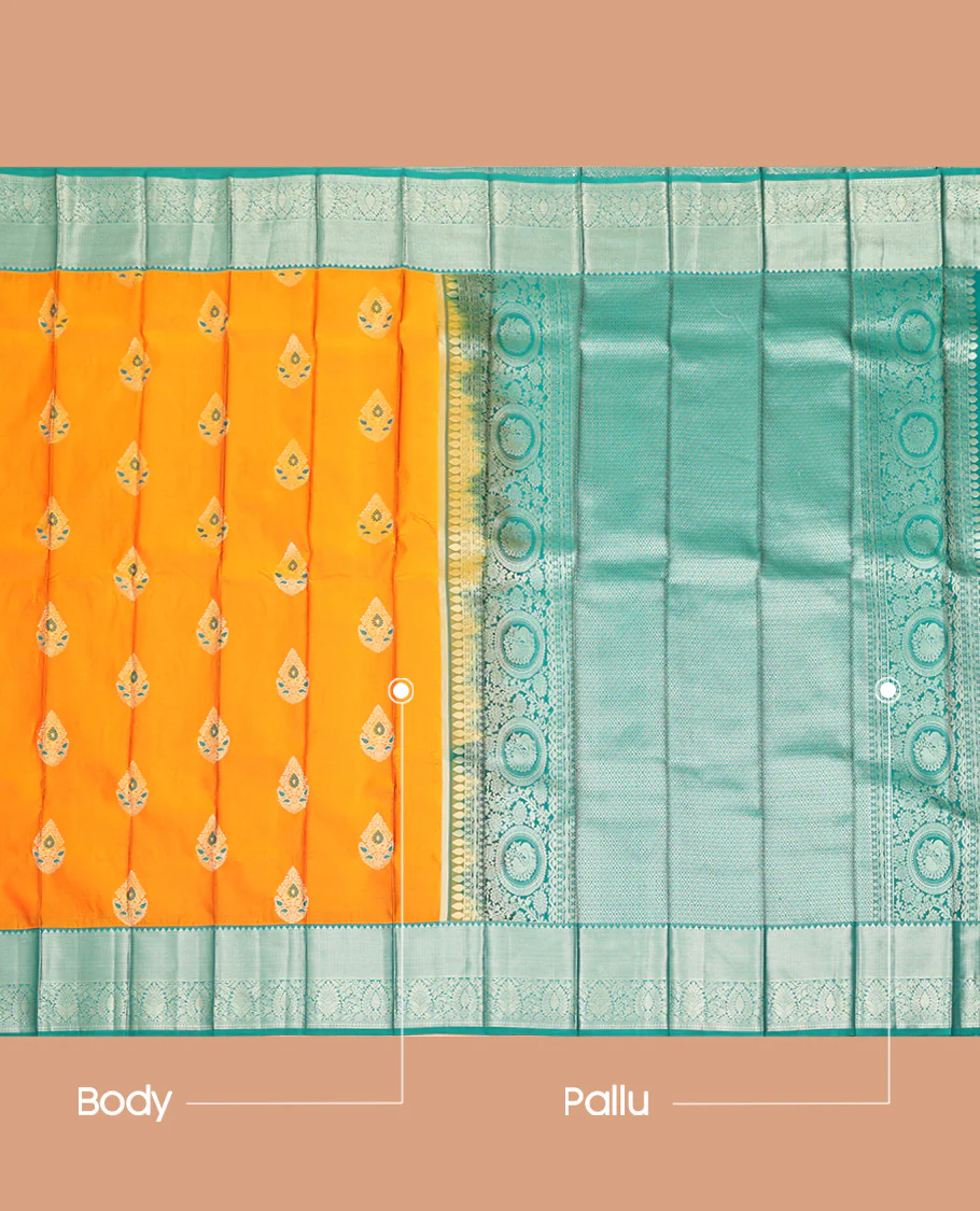 Orange Budget Silk Saree, Spotlighted with Meena Buttas All Over Its Body, Complemented by Contrast Traditional Zari Border, Geometric Patterned Pallu and Paired with a Contrast Blouse - Image 3