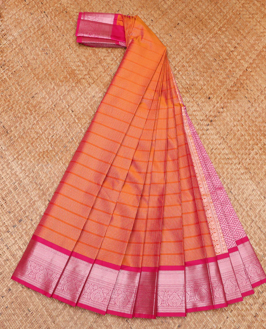 Orange Budget Silk Saree, Spotlighted with Micro-Buttas on Its Body, Complemented by a Contrast Traditional Zari Design Border, Grand Jaal Pallu, and Paired with a Contrast Blouse - Image 2