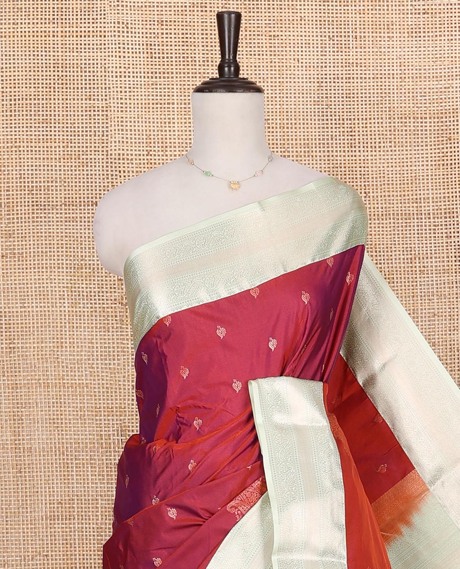 Orange Budget Silk Saree, Spotlighted with Zari Buttas on Its Body, Complemented by a Contrast Traditional Zari Design Border, Jaal Pallu, and Paired with a Contrast Blouse - Image 2