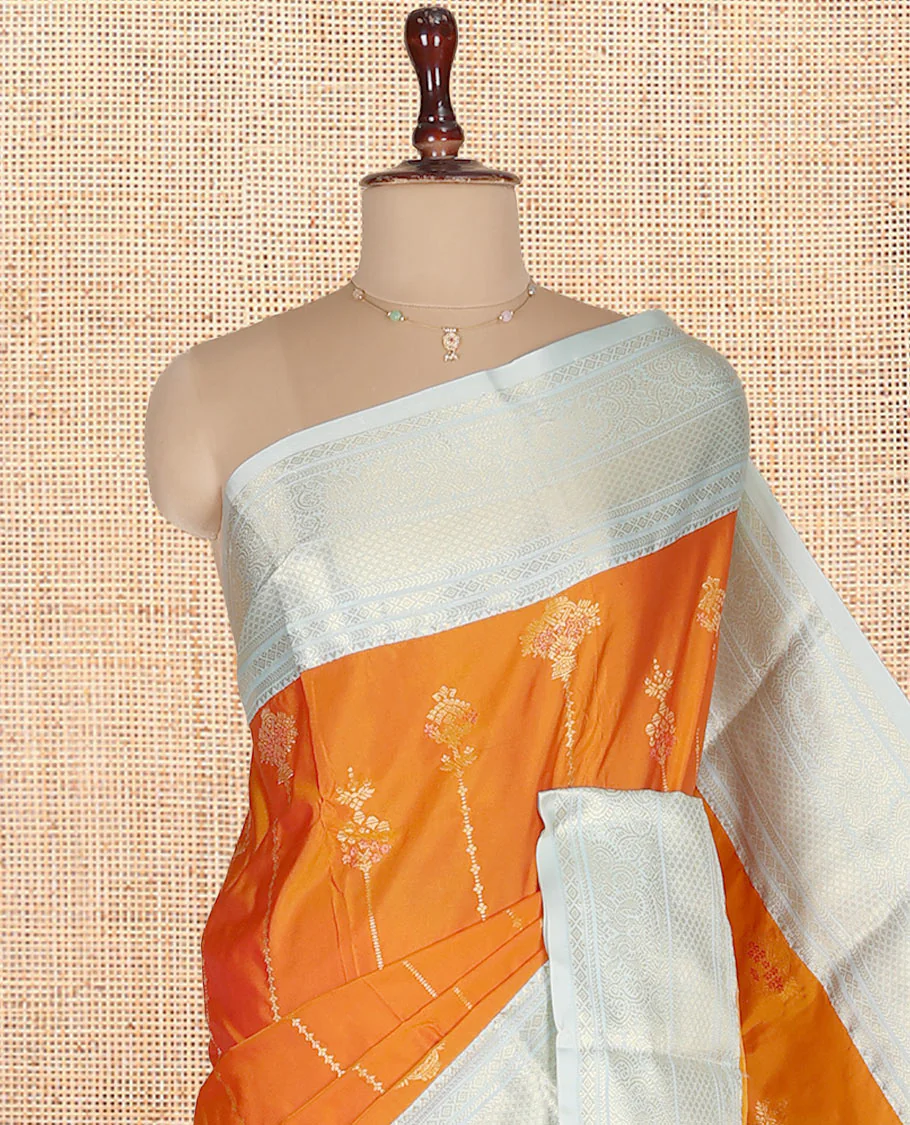 Orange Budget Silk Saree, Steeped in Richness of Zari Buttas on Its Body, Complemented by a Contrast Traditional Zari Design Border, Intricately Designed Pallu, and Paired with a Contrast Blouse - Image 2