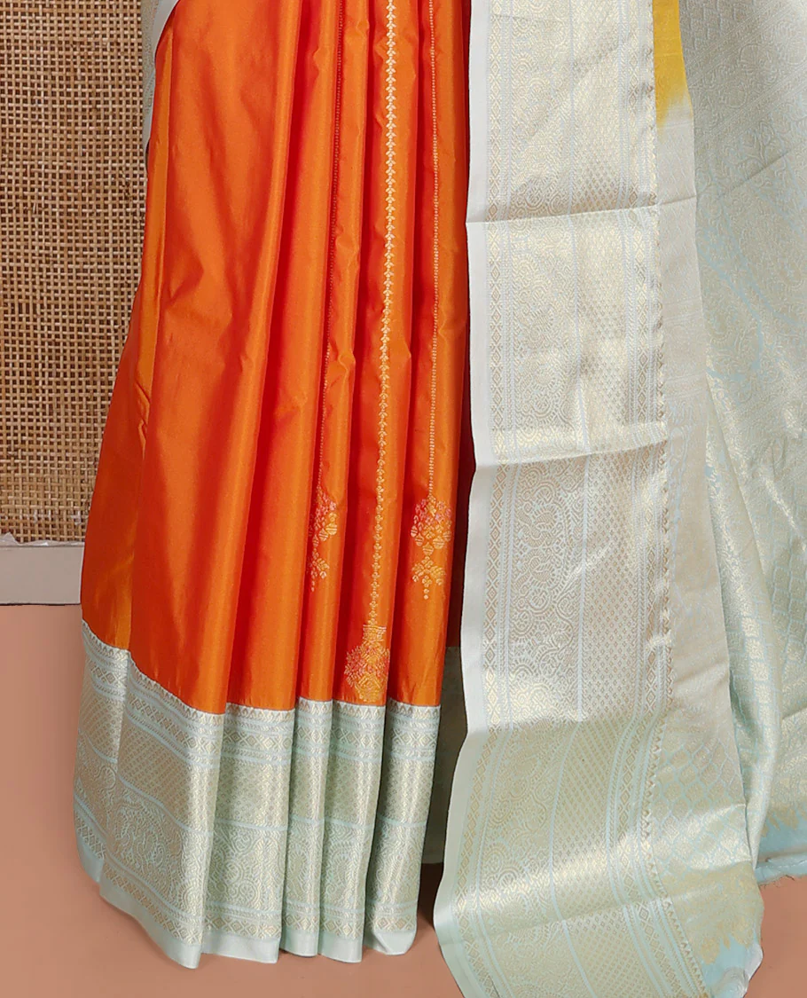 Orange Budget Silk Saree, Steeped in Richness of Zari Buttas on Its Body, Complemented by a Contrast Traditional Zari Design Border, Intricately Designed Pallu, and Paired with a Contrast Blouse - Image 3