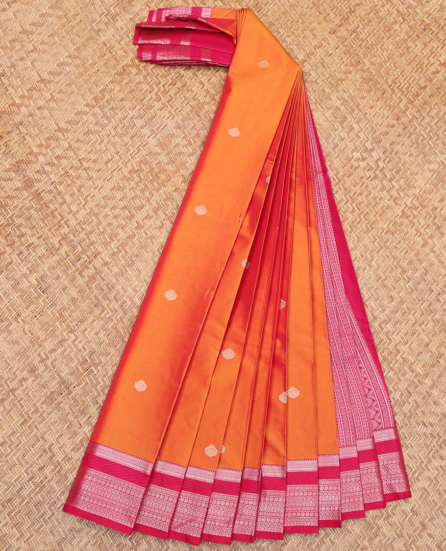 Orange Budget Silk Saree, Subtly Detailed with Zari Buttas All Over Its Body, Complemented by a Contrast Traditional Zari Design Border, Geometric-Patterned Pallu, and Paired with a Contrast Blouse - Image 2