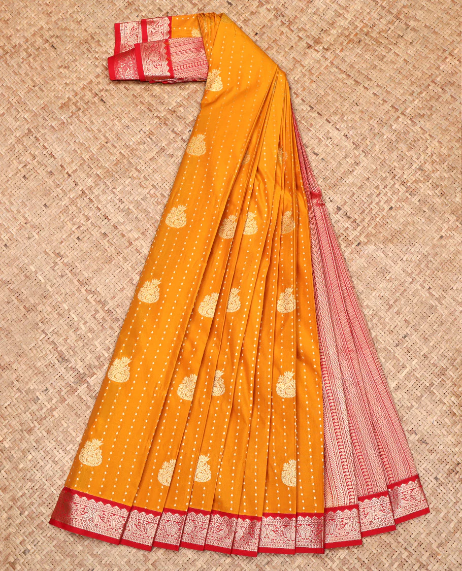 Orange Budget Silk Saree, Woven with Zari Buttas All Over Its Body, Complemented by a Contrast Peacock Zari Design Border, Geometric Patterned Pallu, and Paired with a Contrast Blouse - Image 2