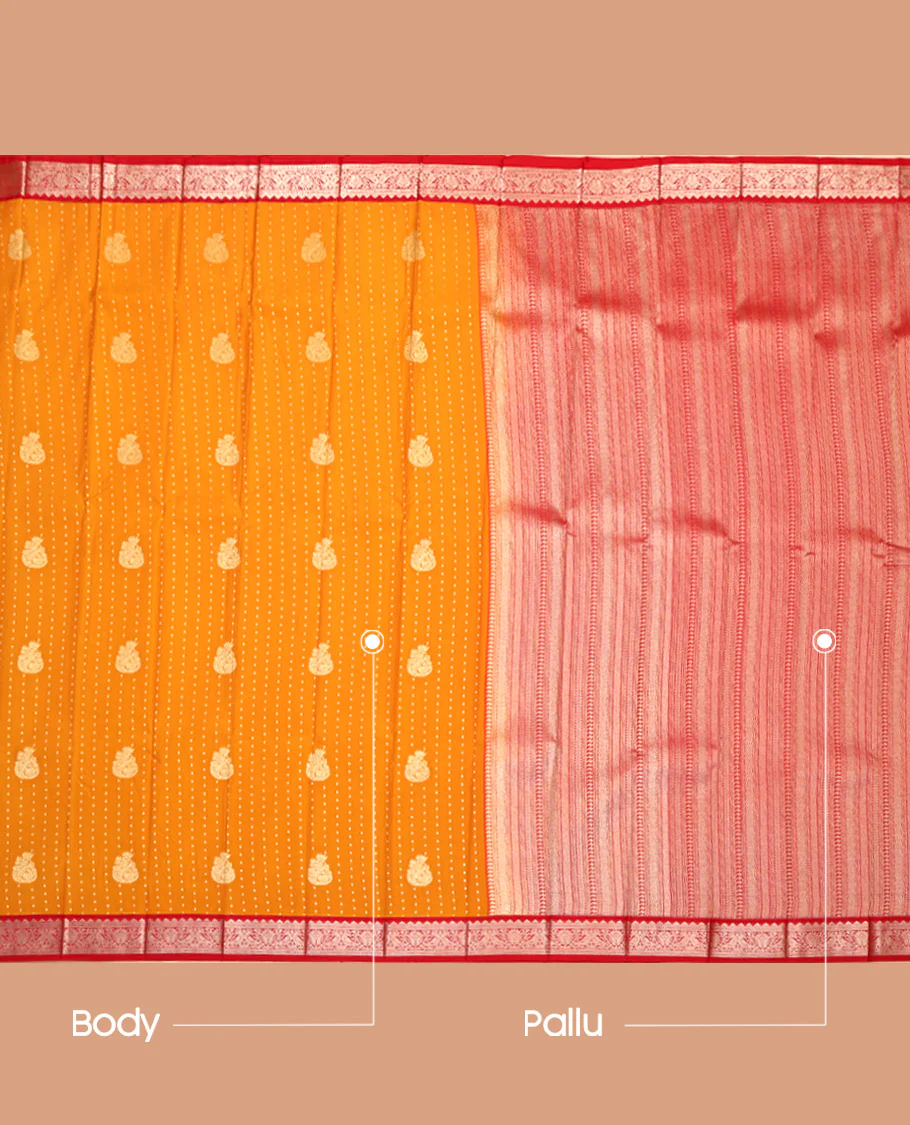 Orange Budget Silk Saree, Woven with Zari Buttas All Over Its Body, Complemented by a Contrast Peacock Zari Design Border, Geometric Patterned Pallu, and Paired with a Contrast Blouse - Image 3