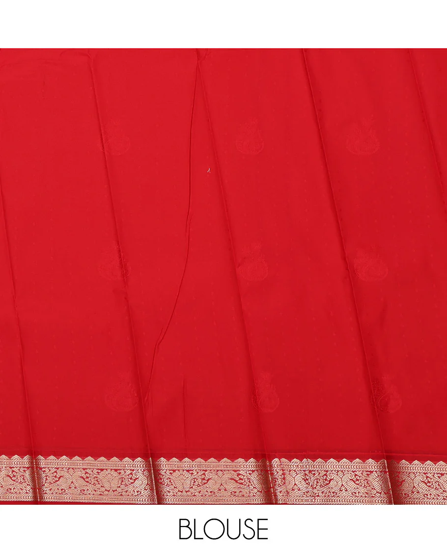 Orange Budget Silk Saree, Woven with Zari Buttas All Over Its Body, Complemented by a Contrast Peacock Zari Design Border, Geometric Patterned Pallu, and Paired with a Contrast Blouse - Image 4