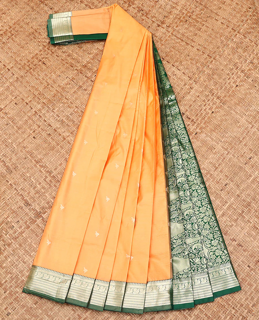Orange Budget Silk Saree, Woven with Zari Buttas All Over Its Body, Complemented by a Contrast Traditional Zari Design Border, Intricately Designed Pallu, and Paired with a Contrast Blouse - Image 2