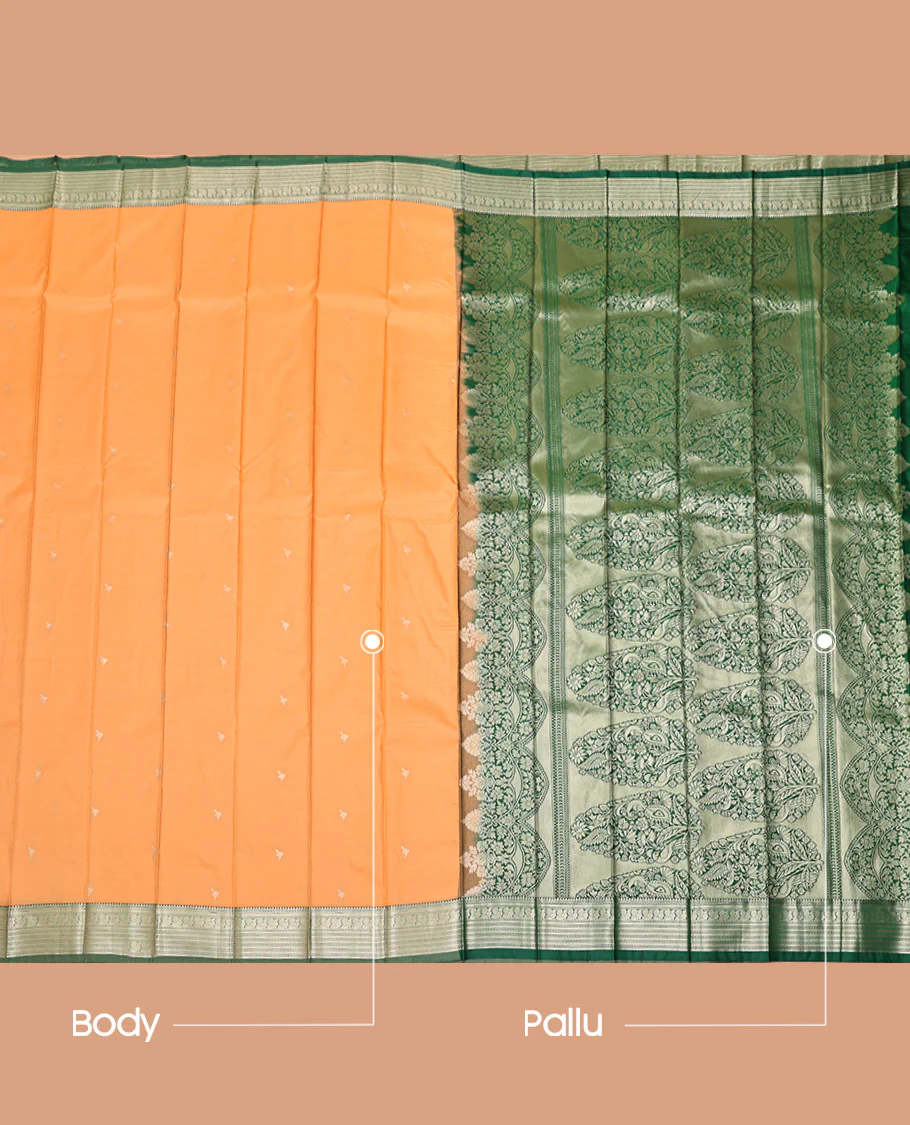 Orange Budget Silk Saree, Woven with Zari Buttas All Over Its Body, Complemented by a Contrast Traditional Zari Design Border, Intricately Designed Pallu, and Paired with a Contrast Blouse - Image 3