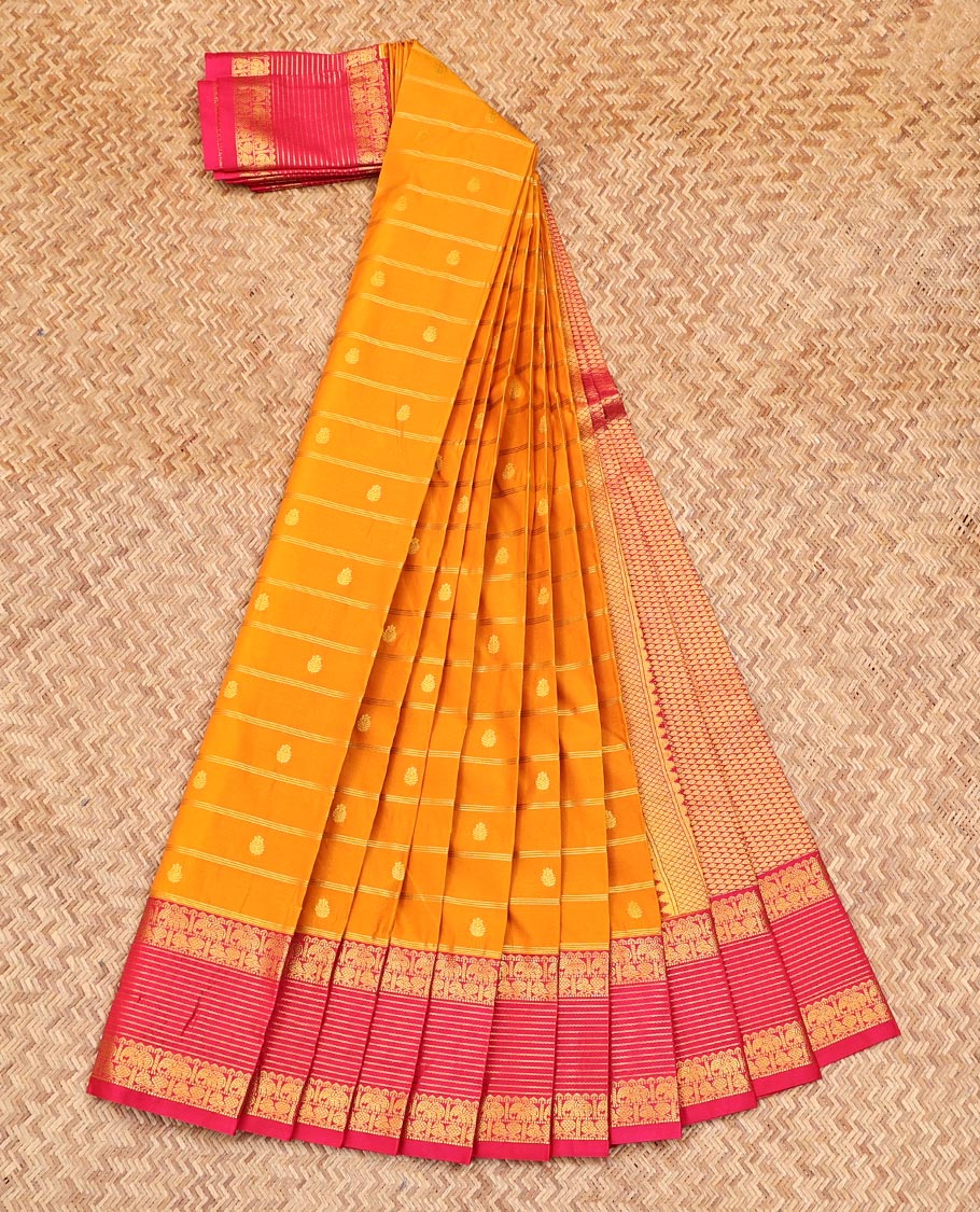 Orange Budget Silk Saree, Woven with Zari Buttas and Stripes on Its Body, Complemented by a Contrast Traditional Zari Border of Peacock-Elephant Designs, Grand Jaal Pallu, and Paired with a Contrast Blouse - Image 2