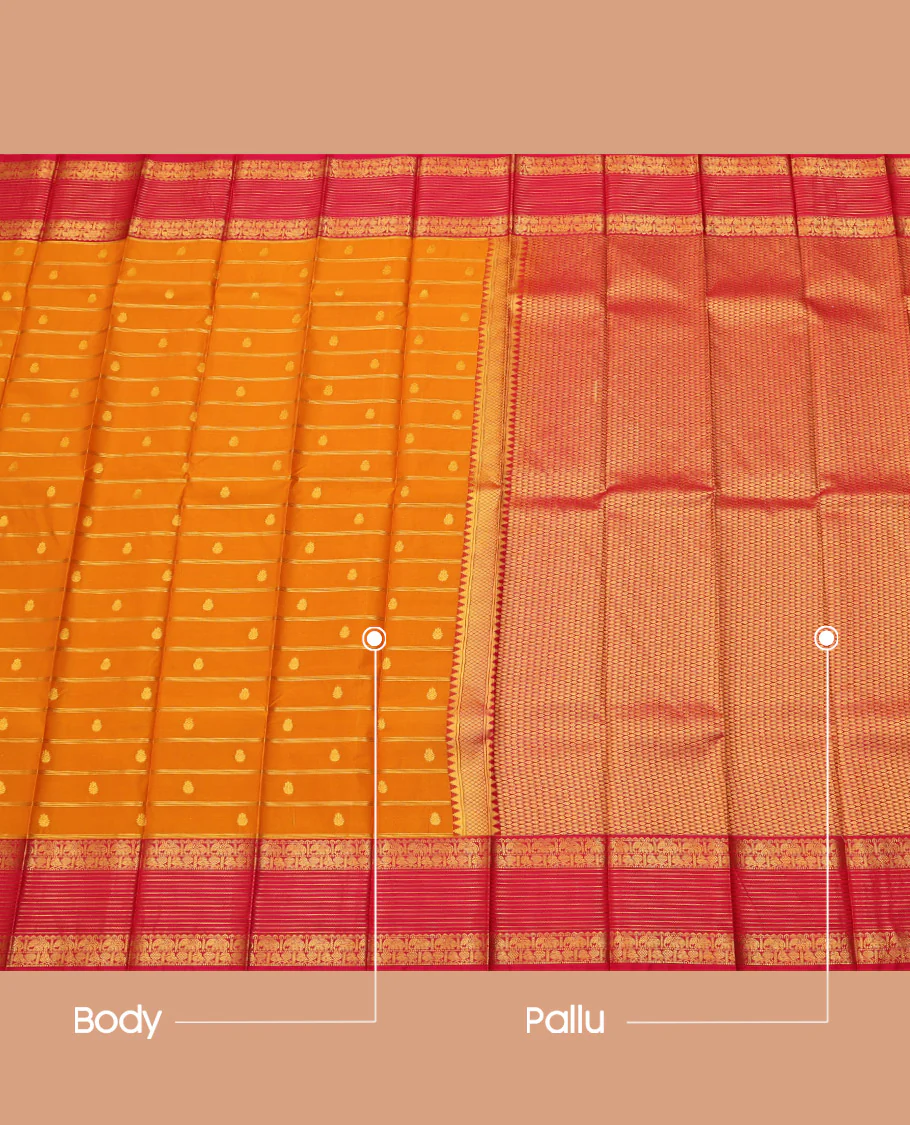 Orange Budget Silk Saree, Woven with Zari Buttas and Stripes on Its Body, Complemented by a Contrast Traditional Zari Border of Peacock-Elephant Designs, Grand Jaal Pallu, and Paired with a Contrast Blouse - Image 3