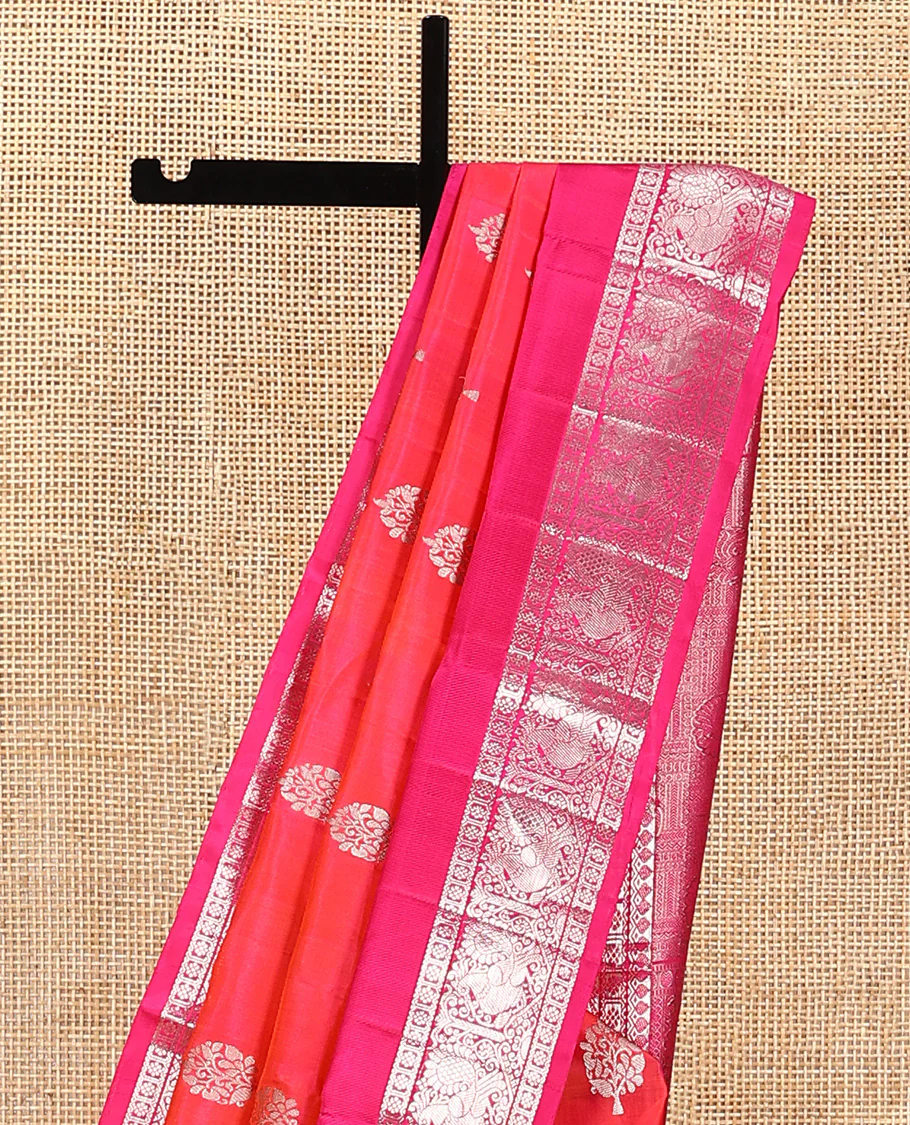 Orange buttas Venkatagiri silk saree, contrast traditional zari design rettai pettu border, and intricate pallu - Image 3