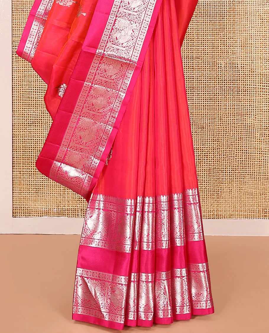 Orange buttas Venkatagiri silk saree, contrast traditional zari design rettai pettu border, and intricate pallu - Image 4