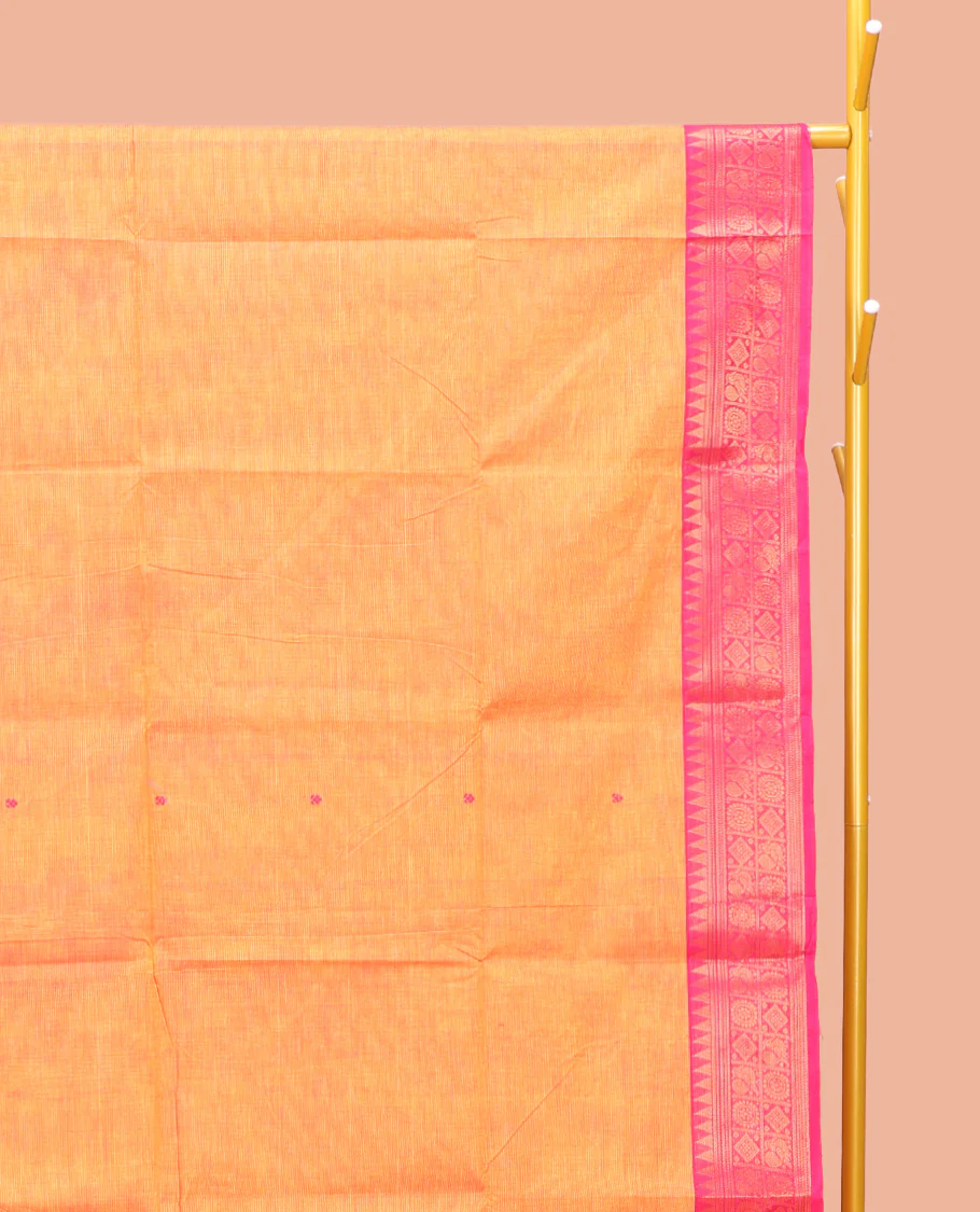 Orange Chettinad Cotton Saree, Adorned with Thread Buttas All Over Its Body, Complemented by a Contrast Traditional Zari Design Border, Pallu of Buttas and Stripes, and Paired with a Matching Blouse - Image 2