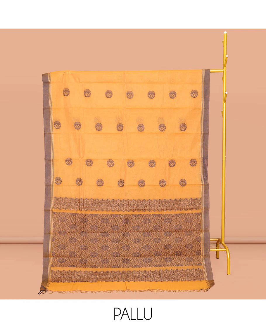 Orange Chettinad Cotton Saree, Beautified with Buttas All Over Its Body, Complemented by a Contrast Border, Pallu of Intricate Designs, and Paired with a Matching Blouse - Image 2