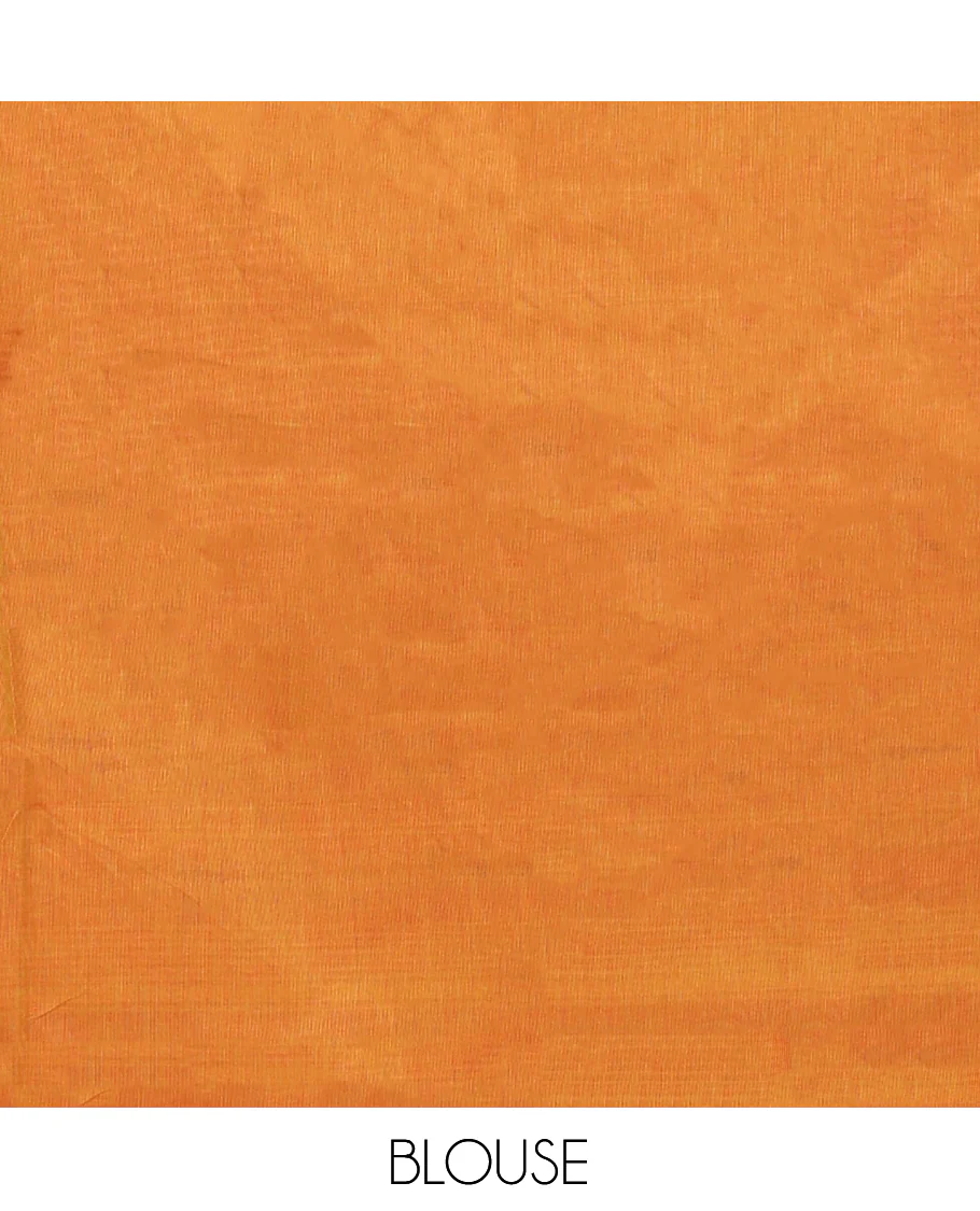 Orange Chettinad Cotton Saree, Finely Crafted with Buttas All Over Its Body, Complemented by a Contrast Ganga-Jamuna Kal Eragina Border of Kodi Peacock and Elephant Designs, Pallu of Buttas and Stripes, and Paired with a Matching Blouse - Image 4