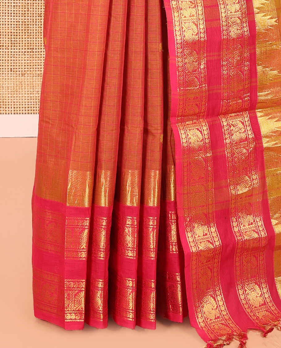 Orange Chettinad Cotton Saree, Subtly Enriched with Thread Buttas and Checks on Its Body, Complemented by a Contrast Temple Traditional Zari Design Rettai Pettu Border, Subtly Striped Pallu, and Paired with a Matching Blouse - Image 3