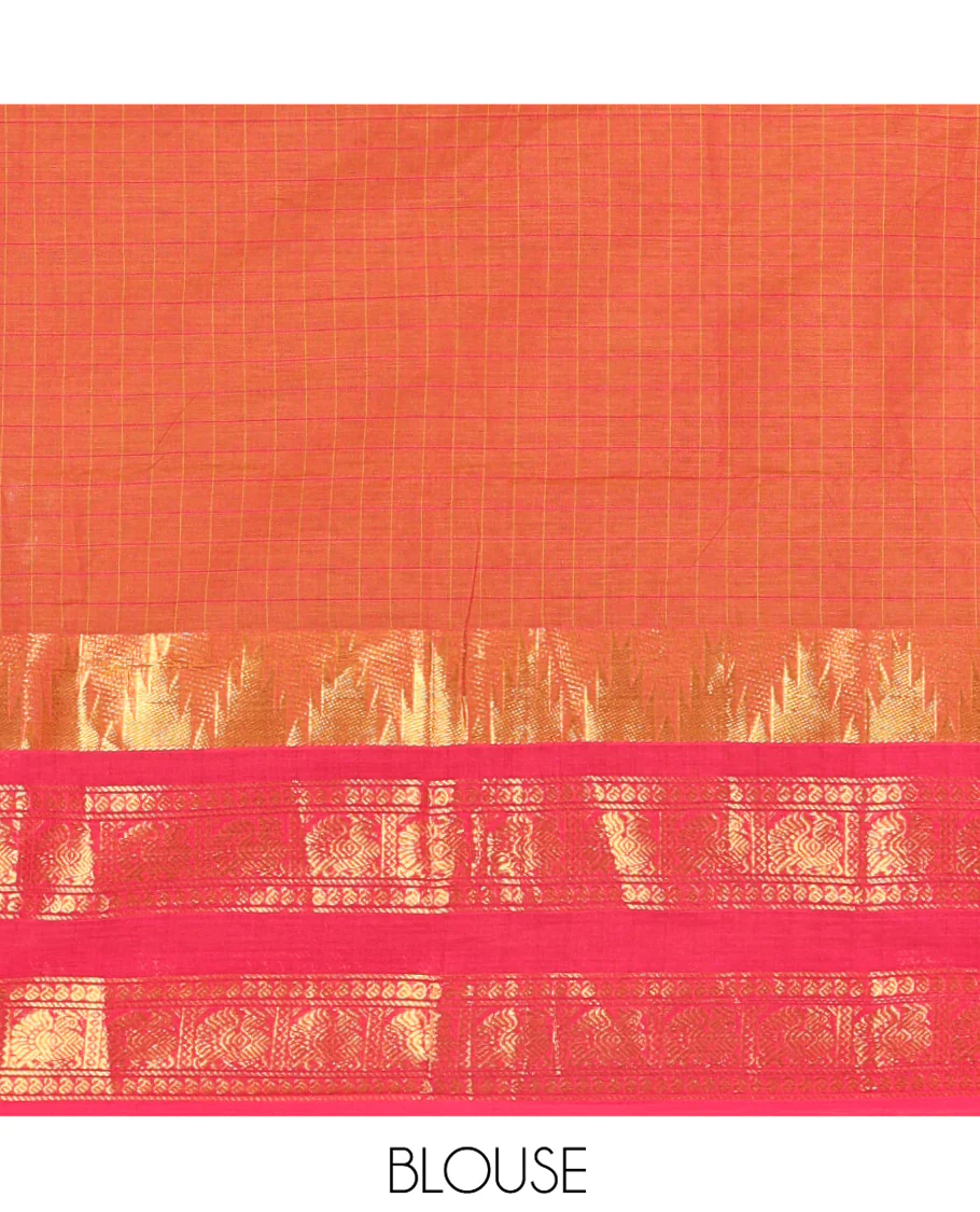 Orange Chettinad Cotton Saree, Subtly Enriched with Thread Buttas and Checks on Its Body, Complemented by a Contrast Temple Traditional Zari Design Rettai Pettu Border, Subtly Striped Pallu, and Paired with a Matching Blouse - Image 4
