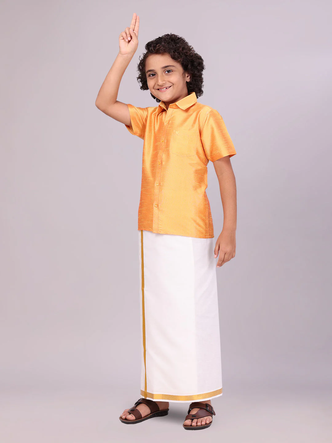 Boys Golden Yellow Color Half Sleeves Shirt with Gold Jari Flexi Dhoti Adorable Boy - Image 3