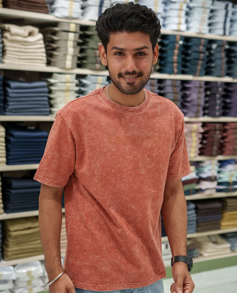 Orange Cotton-Blended Lava-Wash T-Shirt Comes with a Typographic Print, Crew Neck, Half Sleeves, Oversized Fit, and Regular Length - Image 3